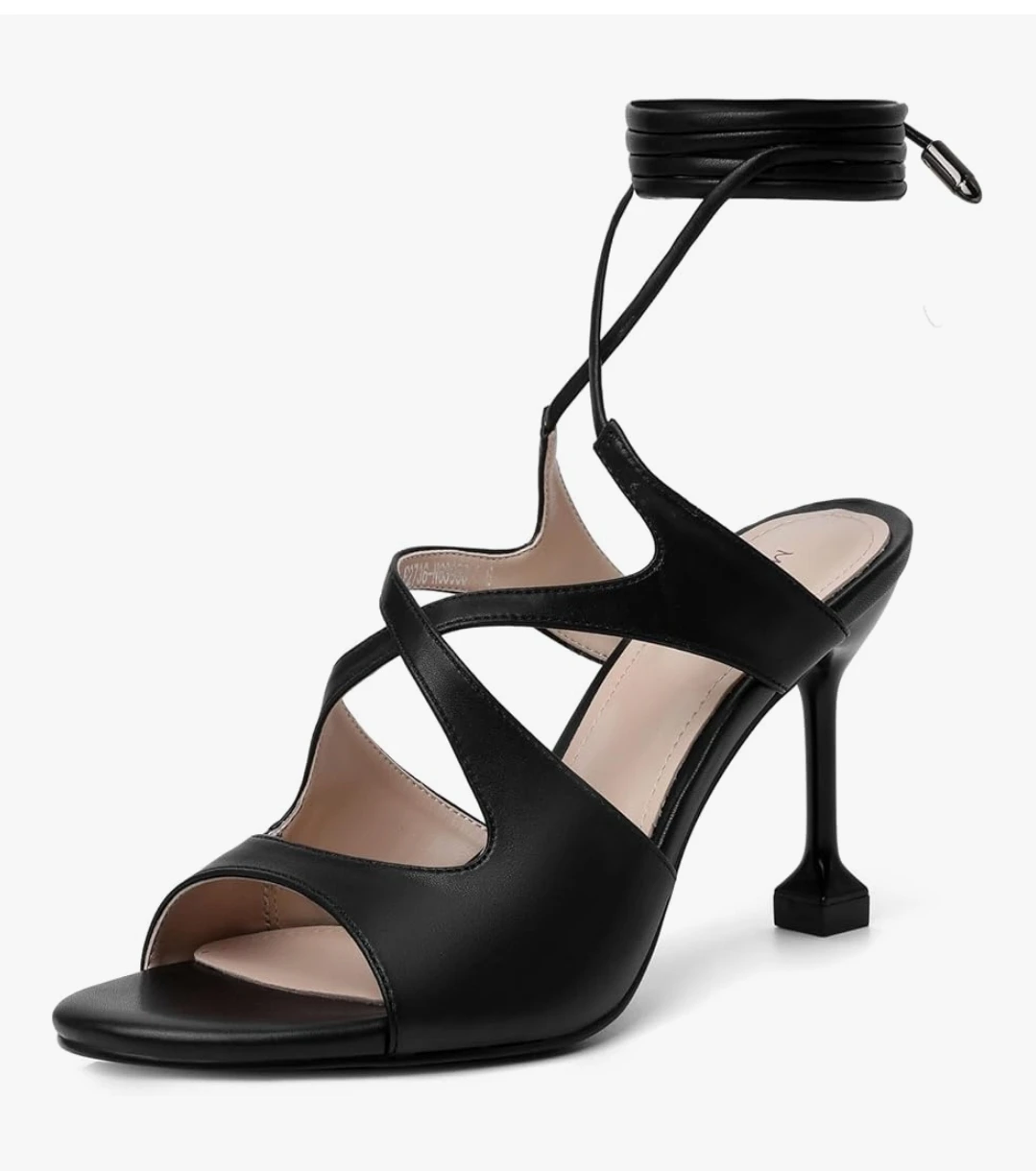 Strappy Lace Up Stiletto Heels Black Open Toe Sandal US 9