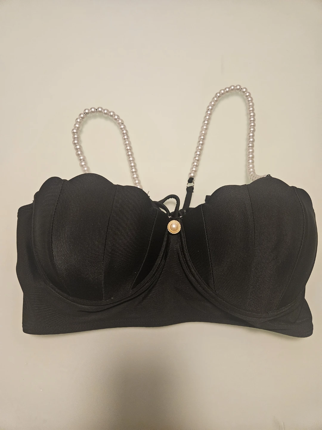 Black Bikini Top with Pearl Straps - Size 0XL