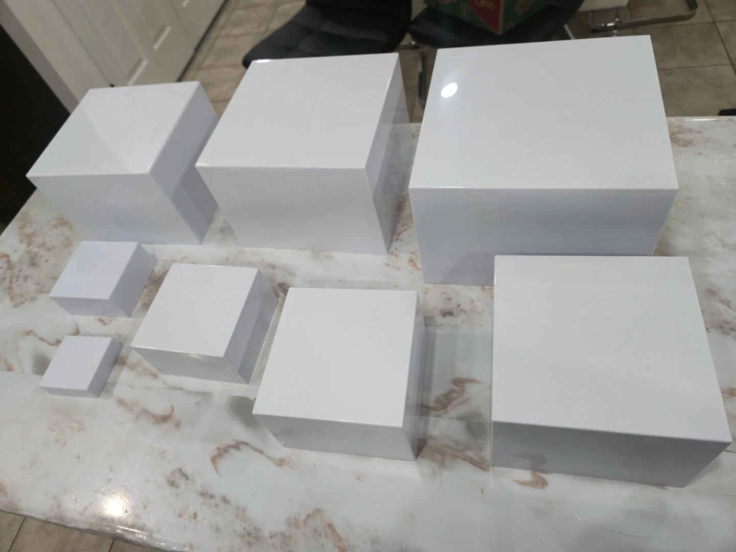 8 Pcs Food Risers Set – Square White Acrylic "FOR RENT"