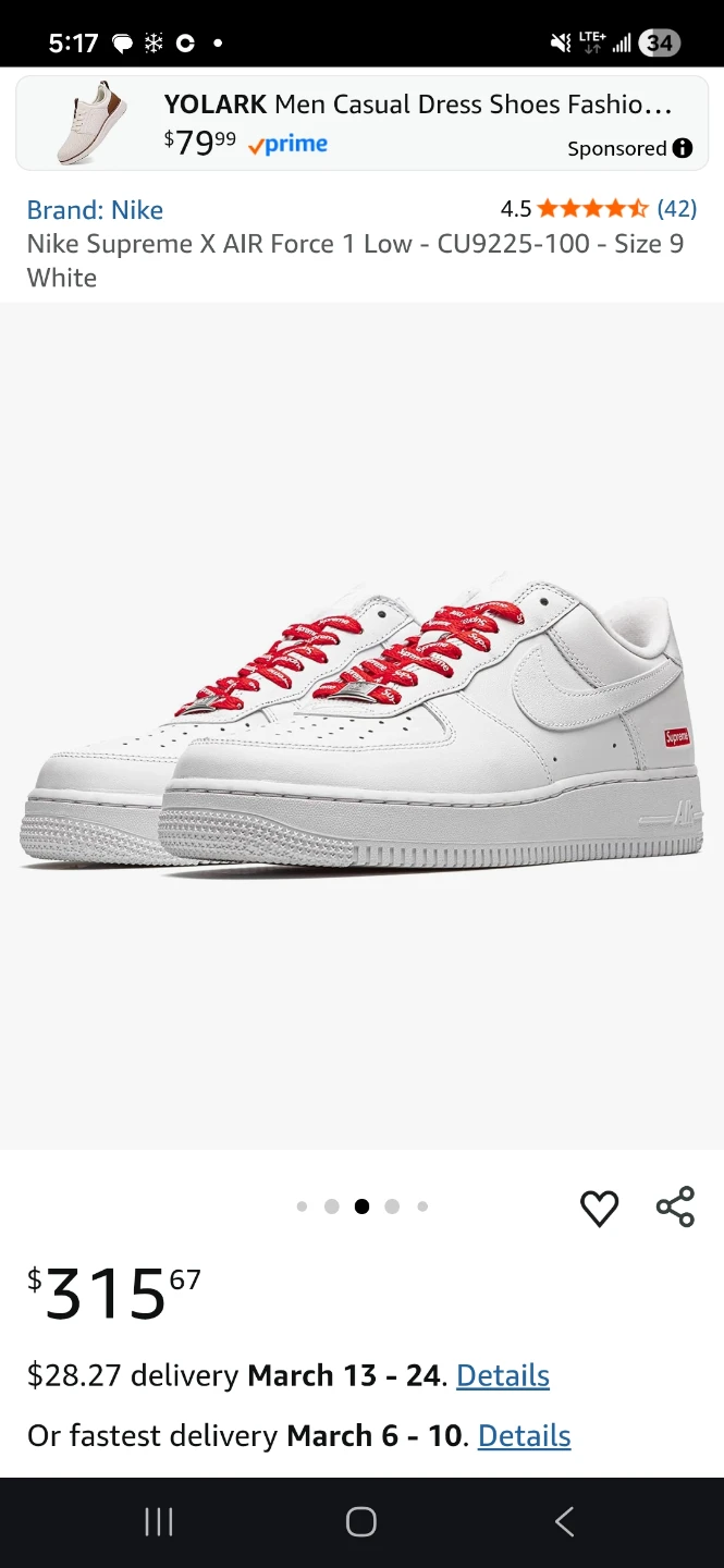 Nike Supreme Air Force 1 Low Men's Size 10 White