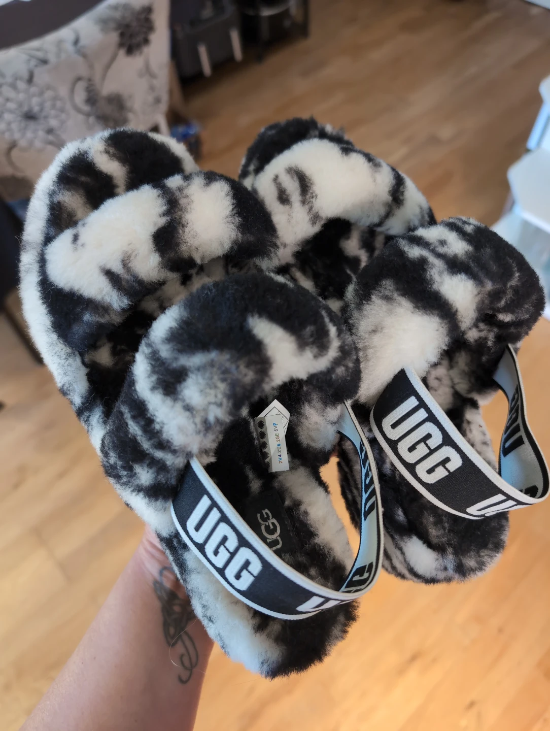 Ugg Fluff Yeah Slide Slippers Black White Tie Dye