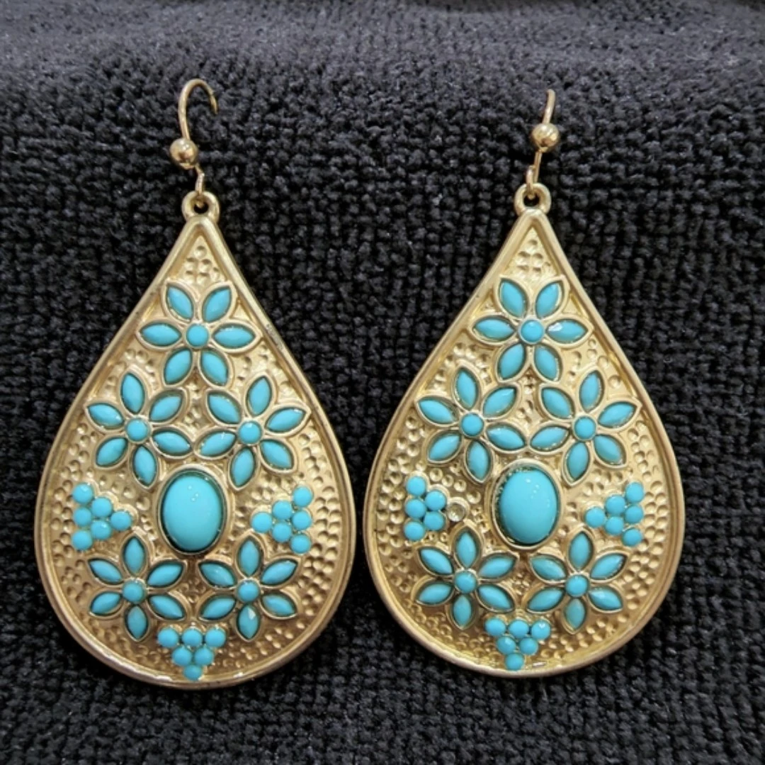 Gold Colour Teardrop Earrings with Turquoise Accents