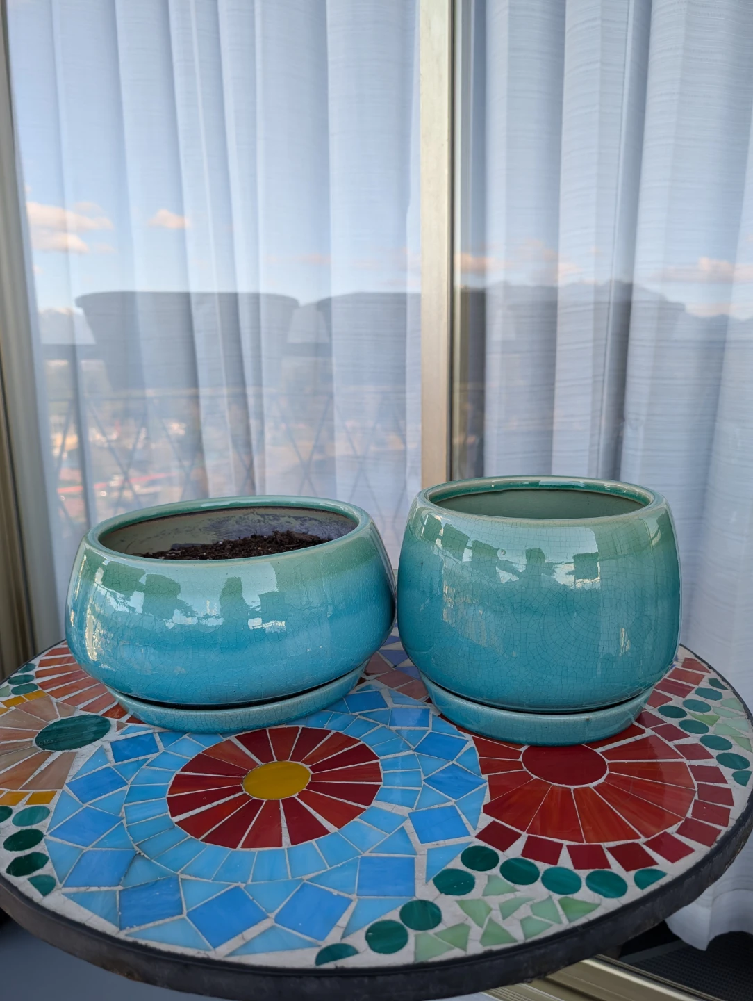 2 Turquoise/Green Asian Style Ceramic Pot w/ Drainage
