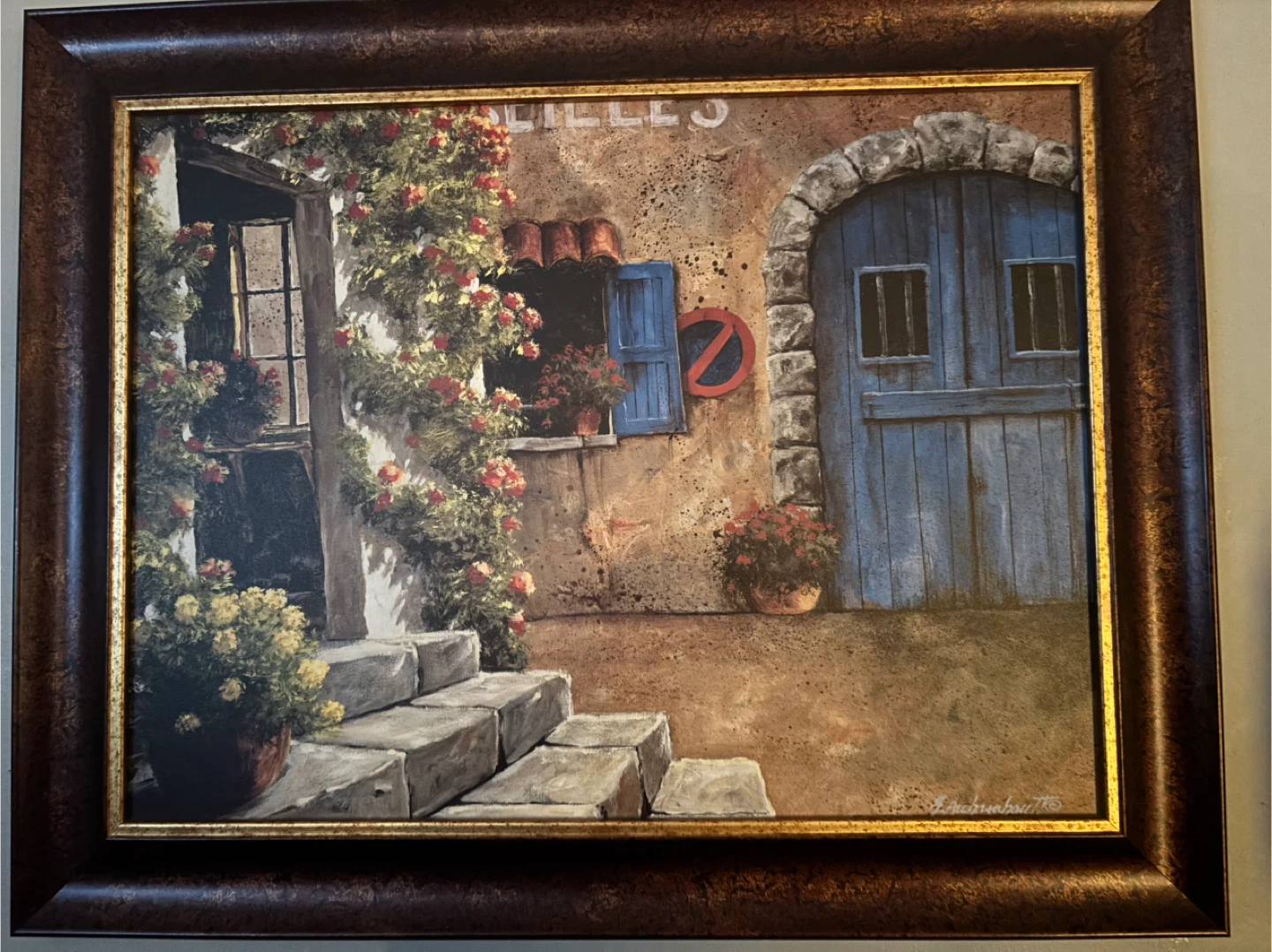 Framed Painting of a European Courtyard Scene