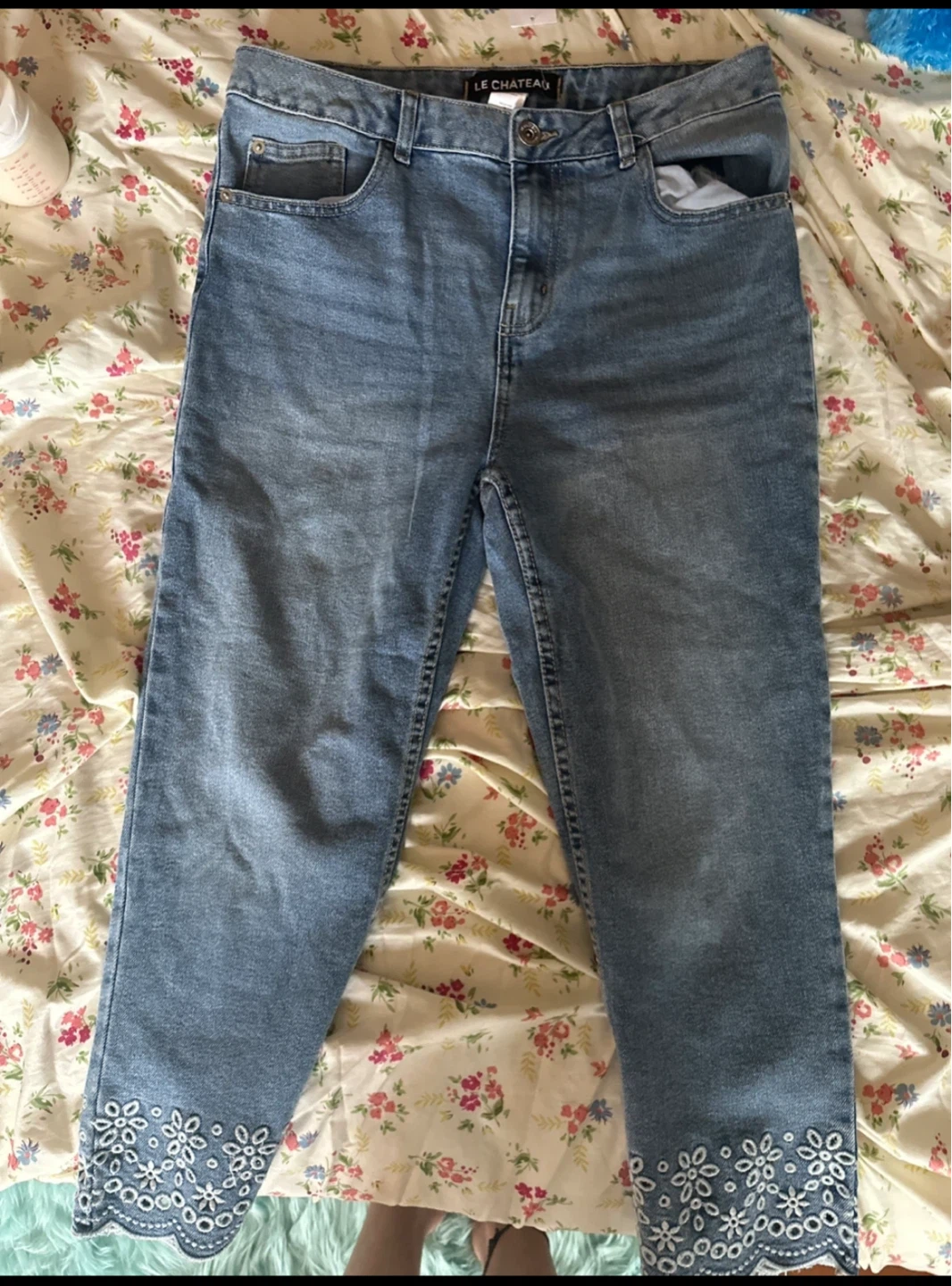 Le Château Blue Denim Jeans with Embroidered Cuffs