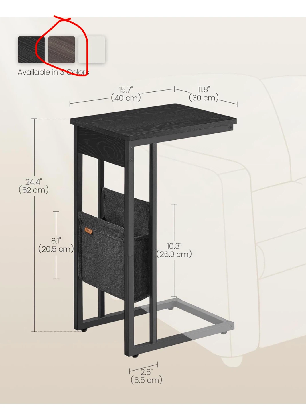 VASAGLE C-Shaped Side Table with Charging Ports and Storage Bag