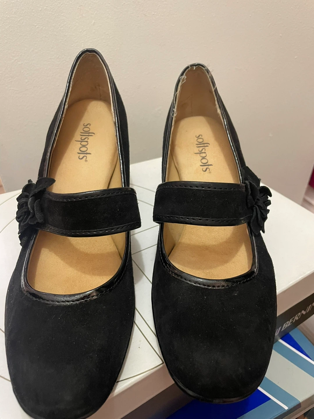 Softspots Black Suede Mary Jane Flower Heels