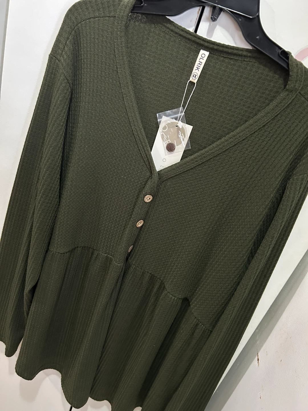 Olive Green Waffle Knit Button-Up Tunic Top - photo 2