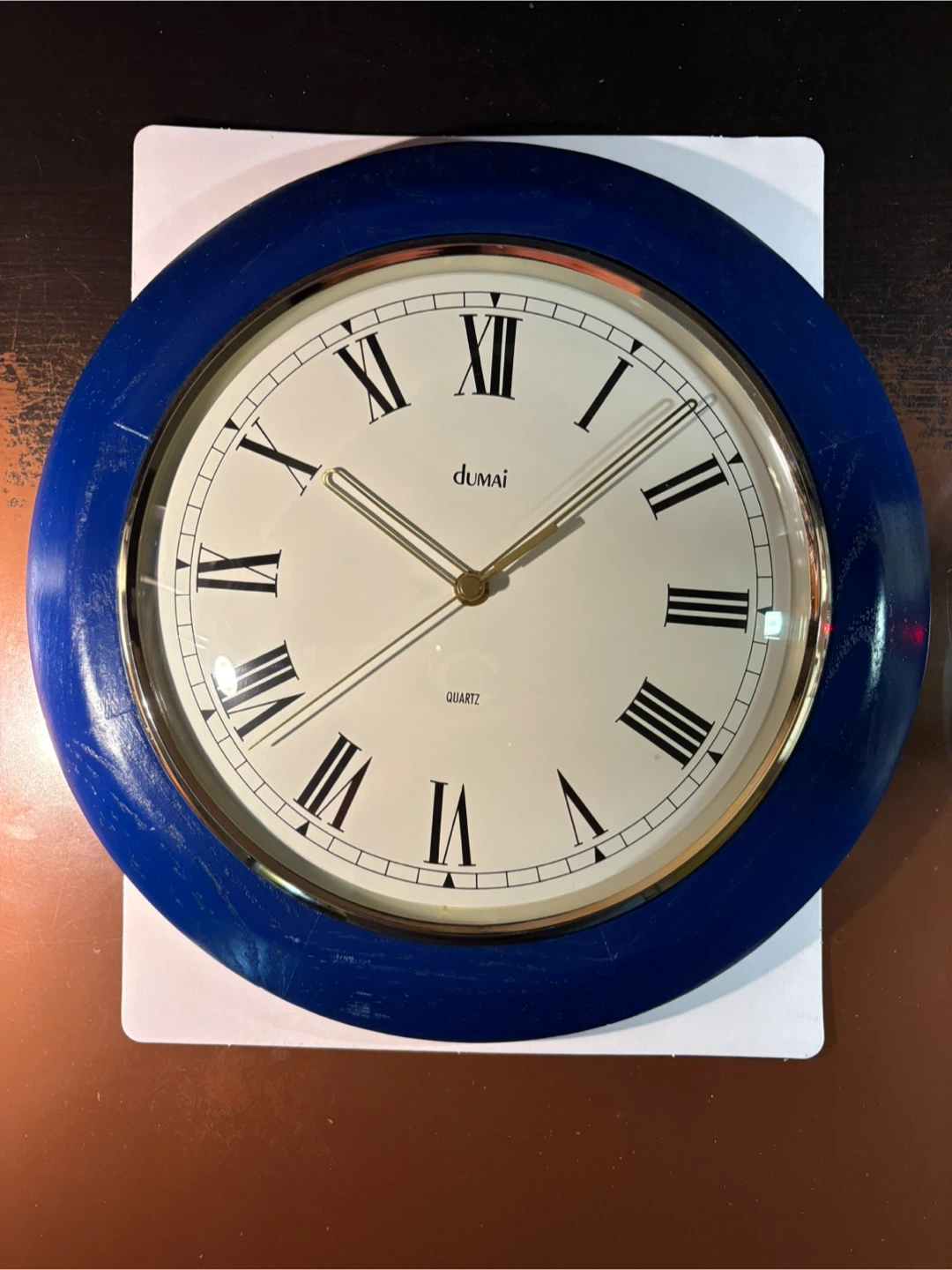 Vintage Dumai Quartz Wall Clock - Blue solid wood case.