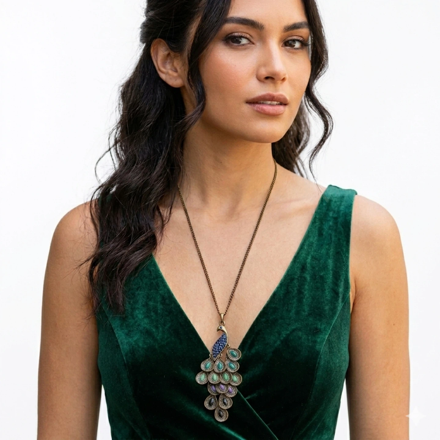 Vintage Pier 1 Long Antique Bronze Peacock Pendant Necklace
