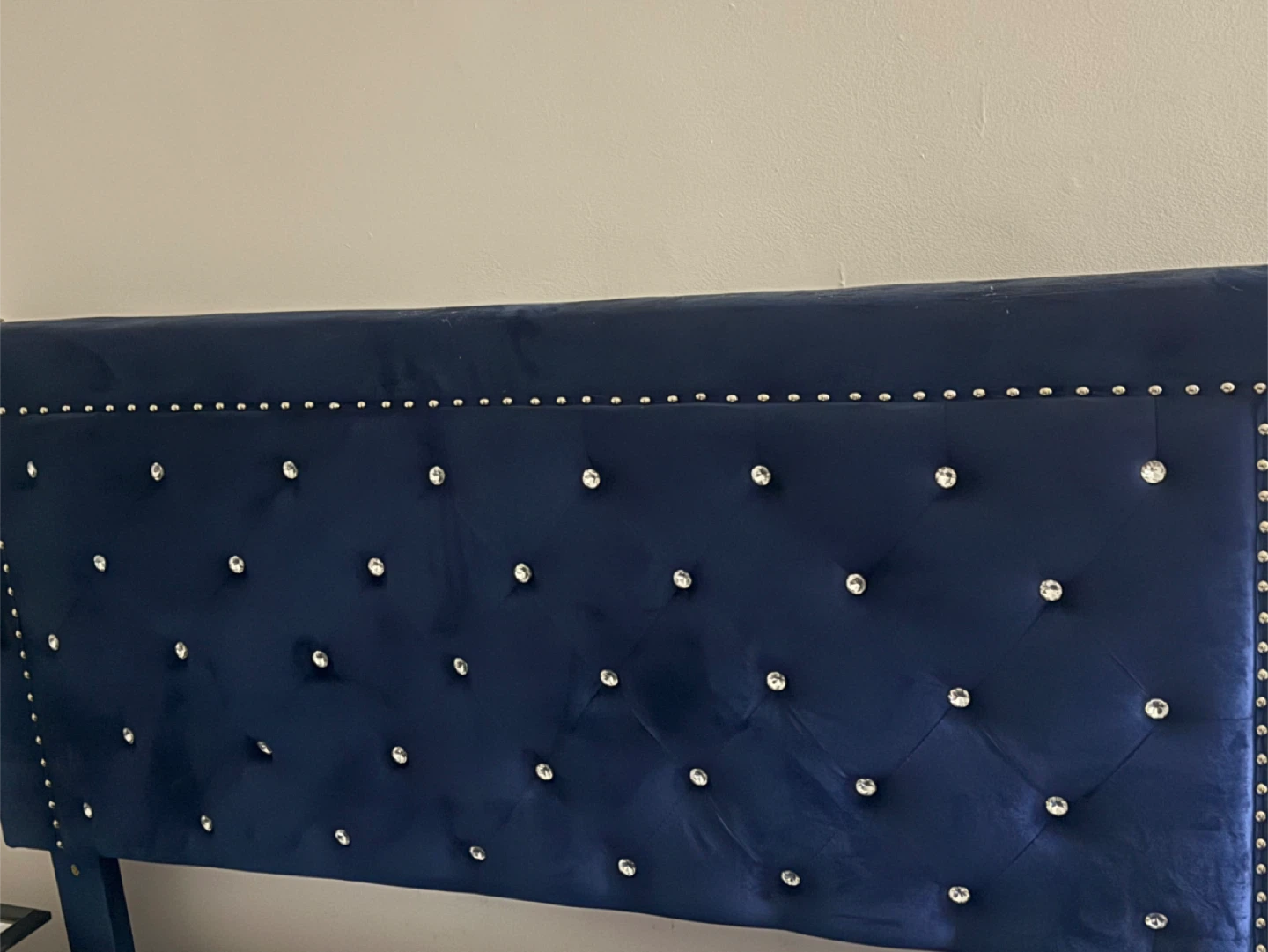 Dark Blue Velvet Tufted Headboard with Crystals