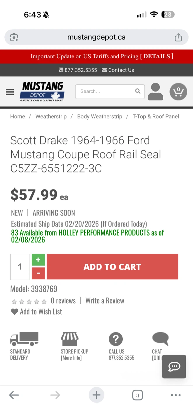 Mustang Scott Drake 1965-1966 Coupe Roof Rail Seal C5ZZ-6551222 - photo 3