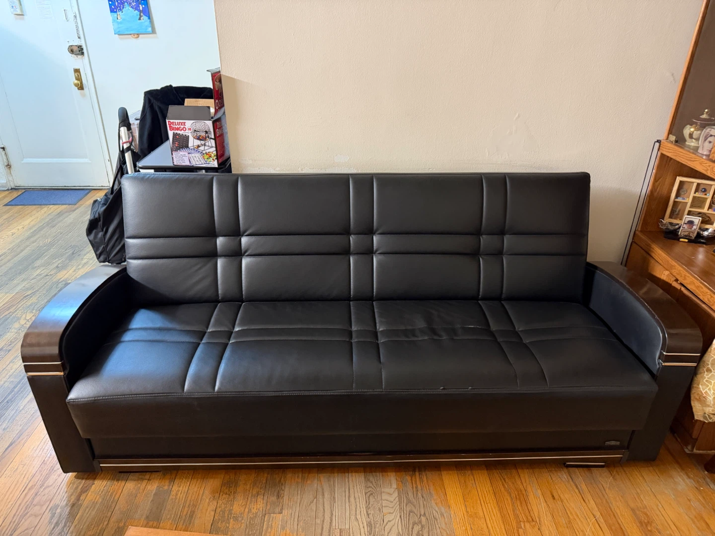 Black Faux Leather Sofa Bed and table