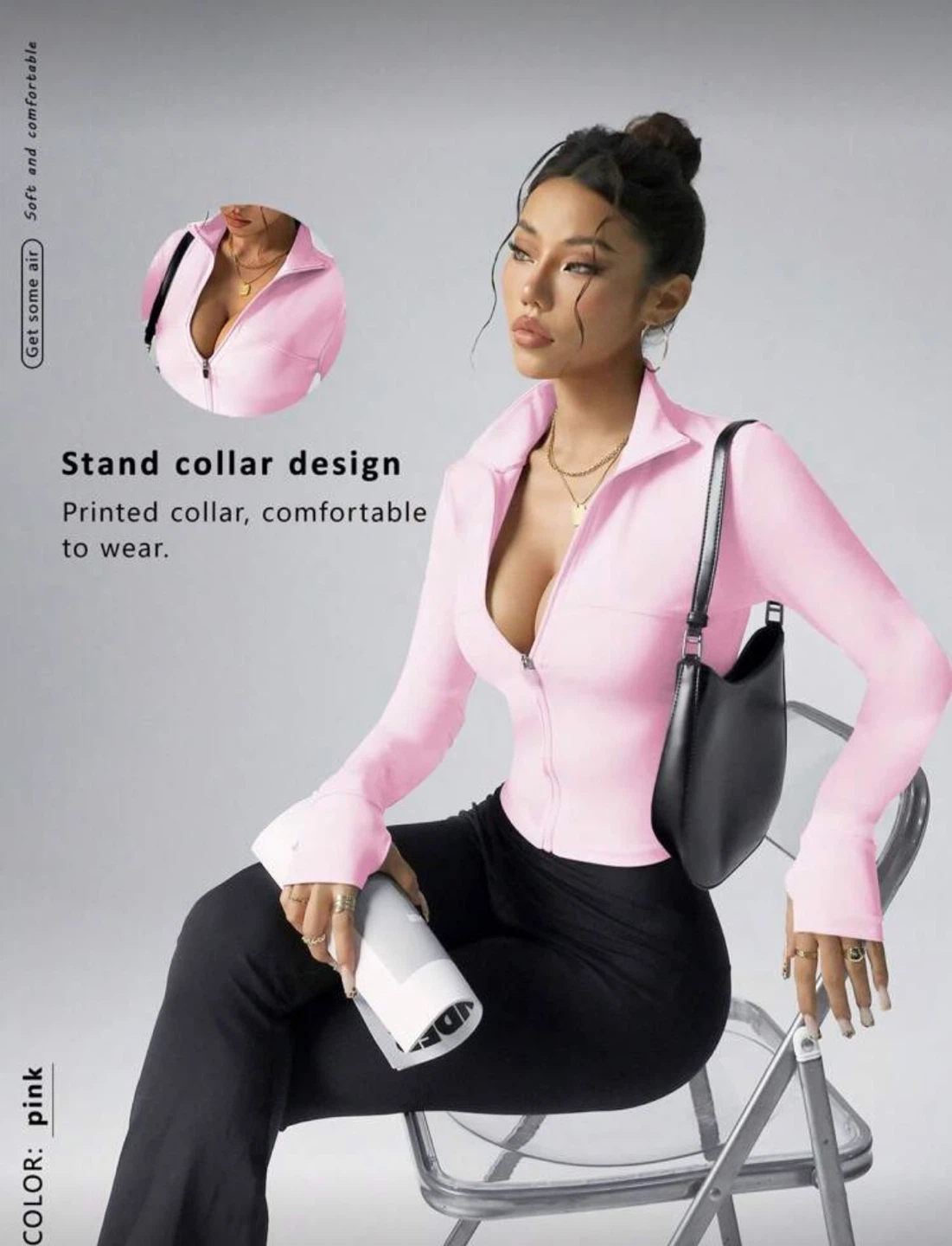 US(6) M Women Pink Zip-Up Long Sleeve Athletic Top