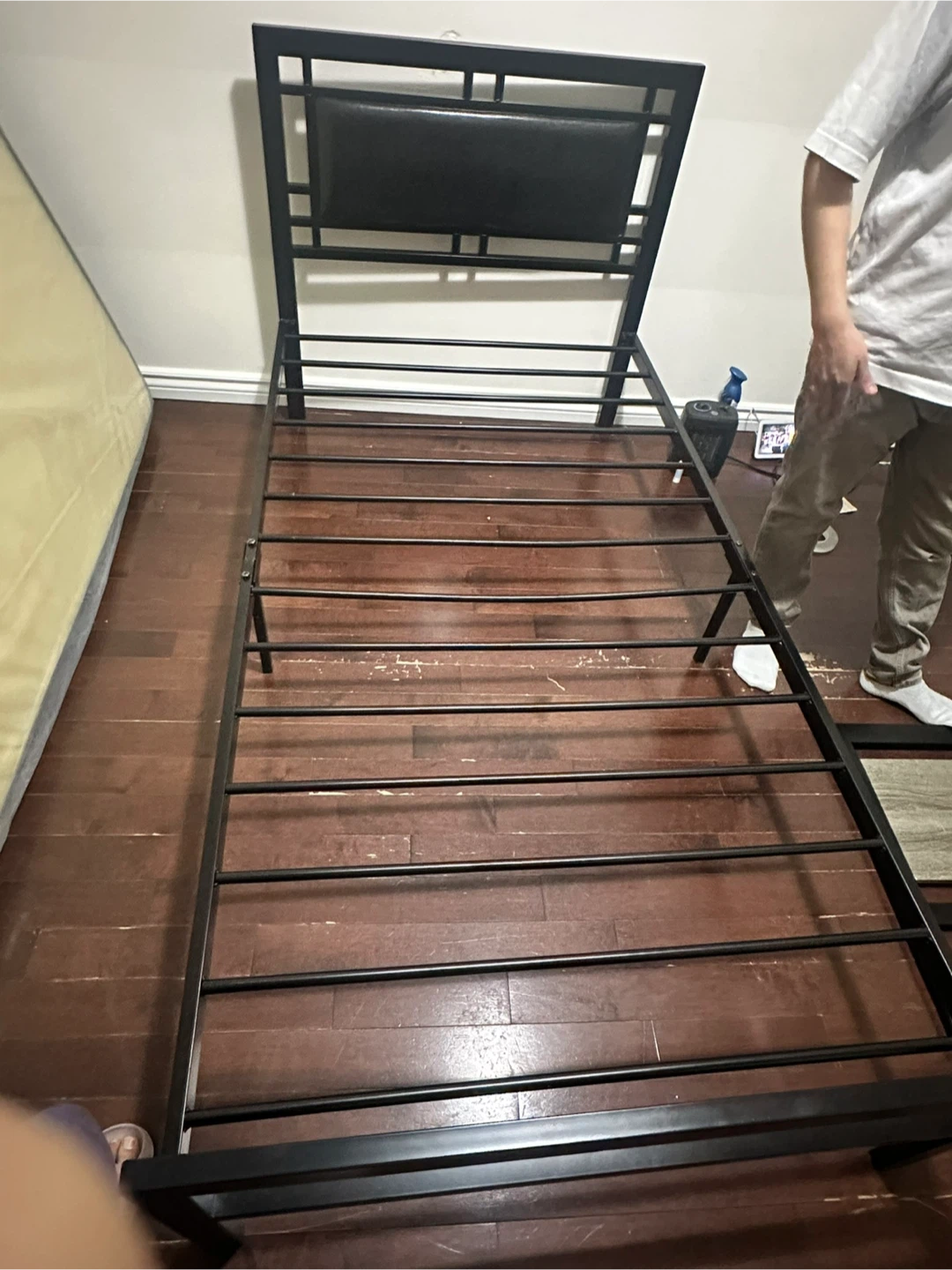 Black Metal Bed Frame with Padded Headboard