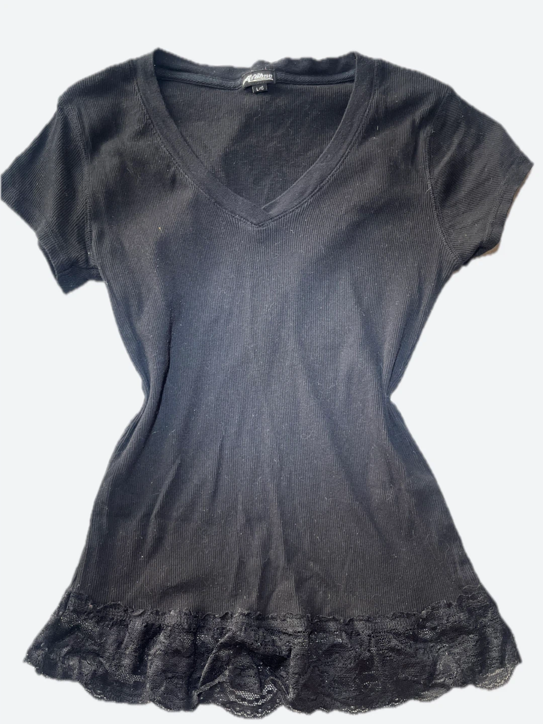 Black Ribbed V-Neck T-Shirt with Lace Trim