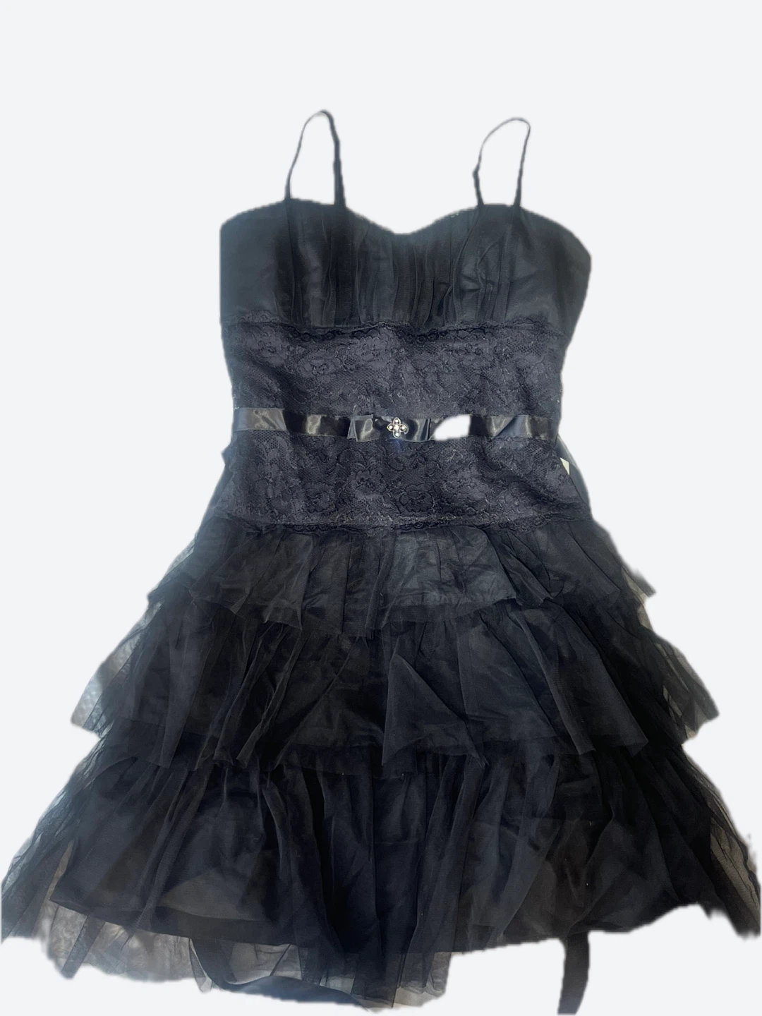 Black tiered tulle dress with lace bodice
