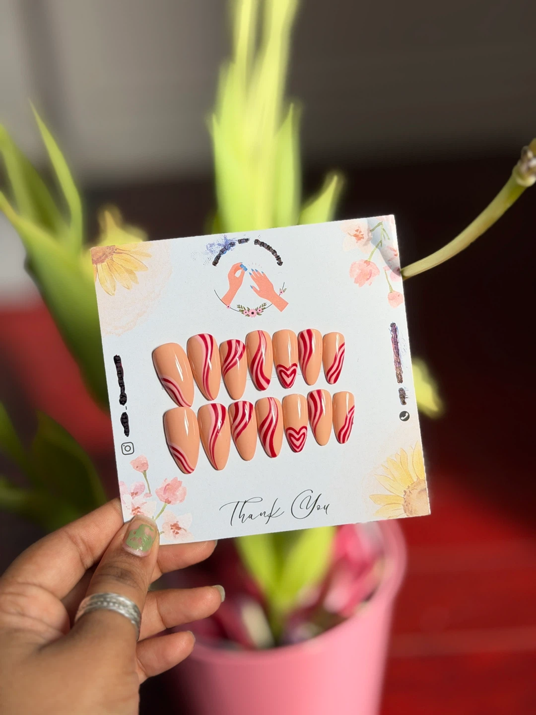 Press On Nails - Nude with Red Swirls & Hearts