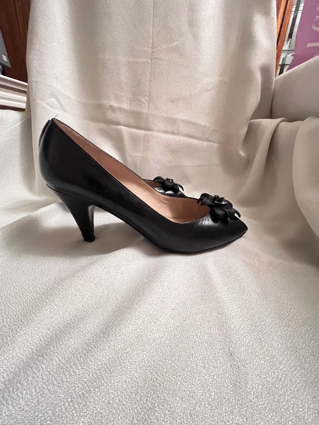 Bruno Magli Black Leather Peep-Toe Heels with Flower Detail - photo 3