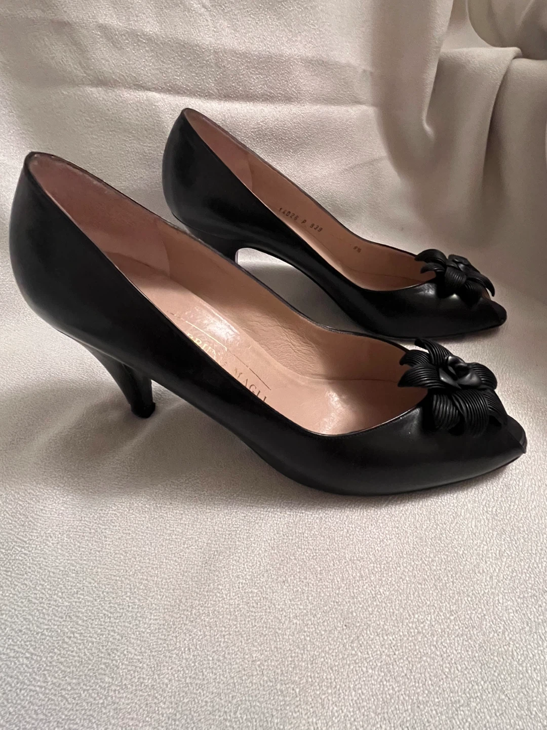 Bruno Magli Black Leather Peep-Toe Heels with Flower Detail - photo 2
