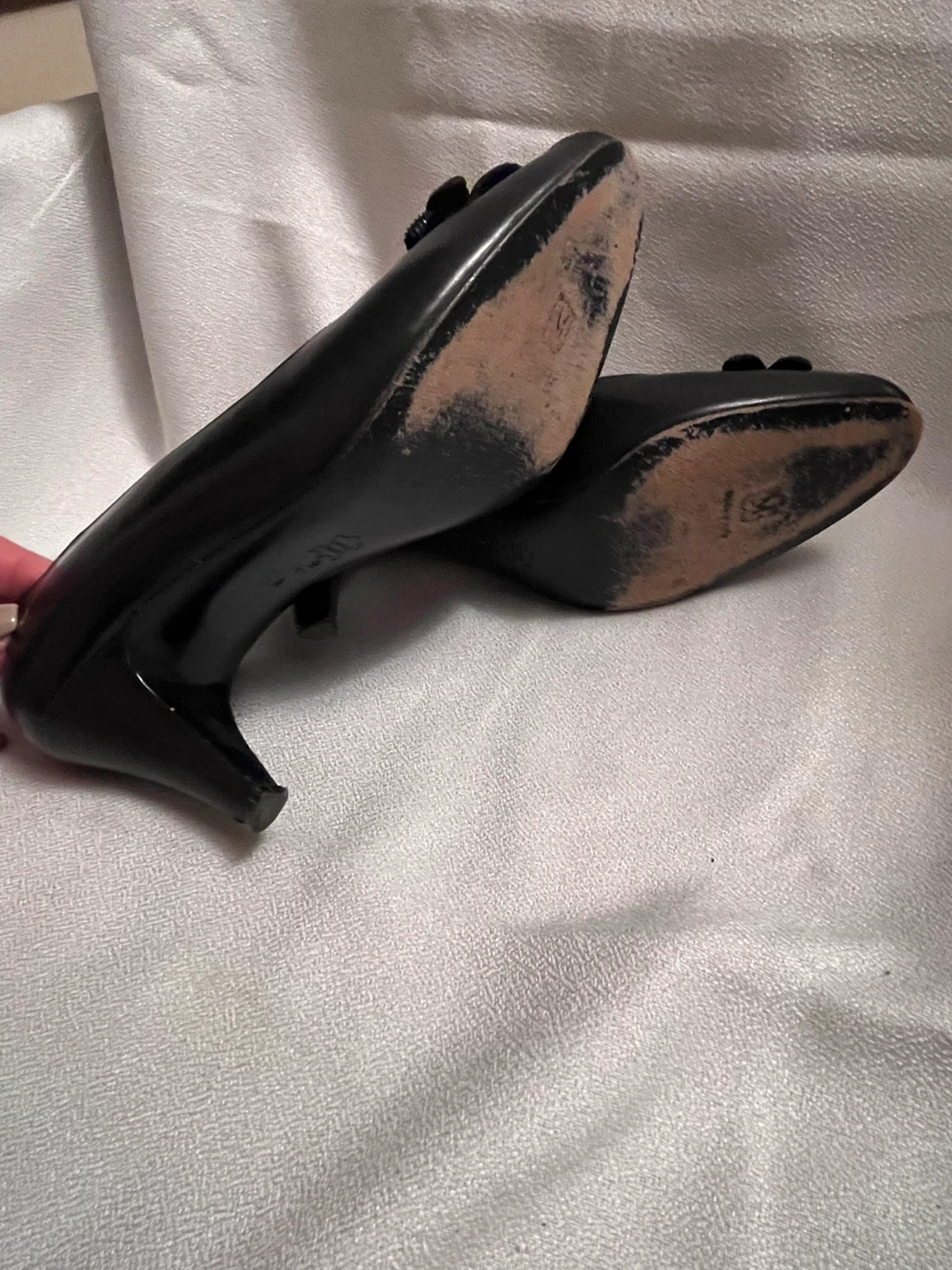 Bruno Magli Black Leather Peep-Toe Heels with Flower Detail - photo 5