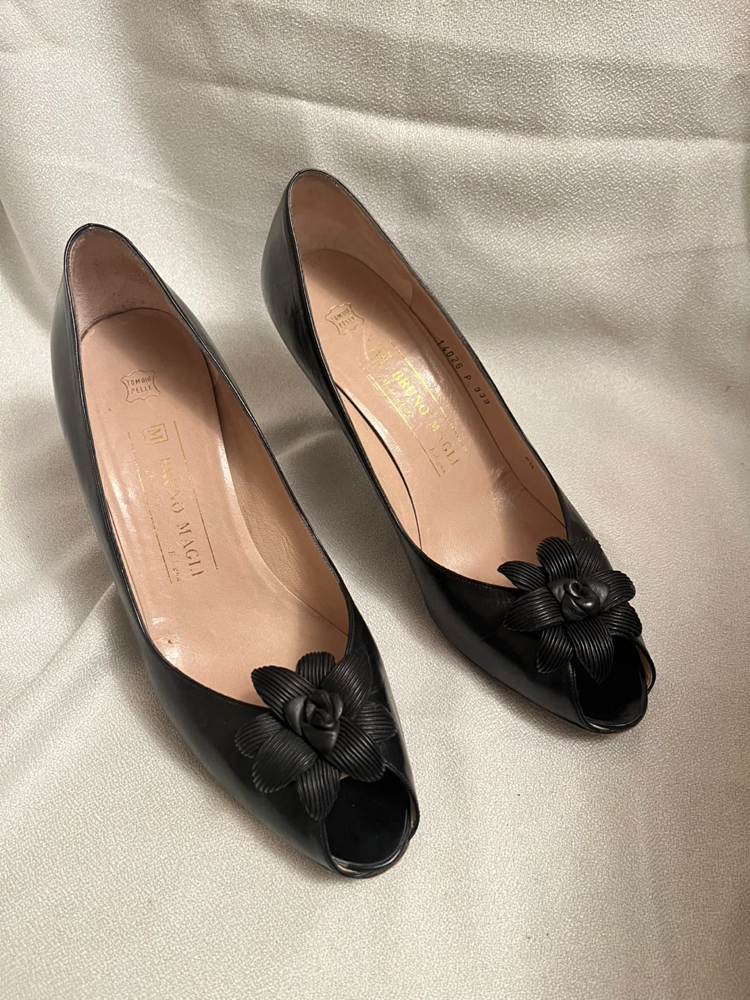 Bruno Magli Black Leather Peep-Toe Heels with Flower Detail