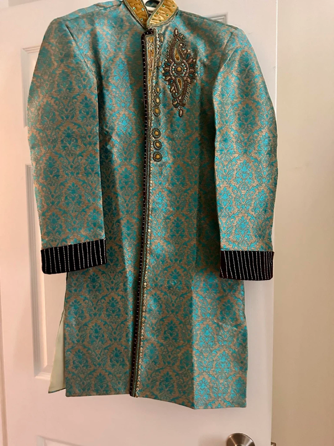 Turquoise and Gold Embroidered Sherwani - photo 4