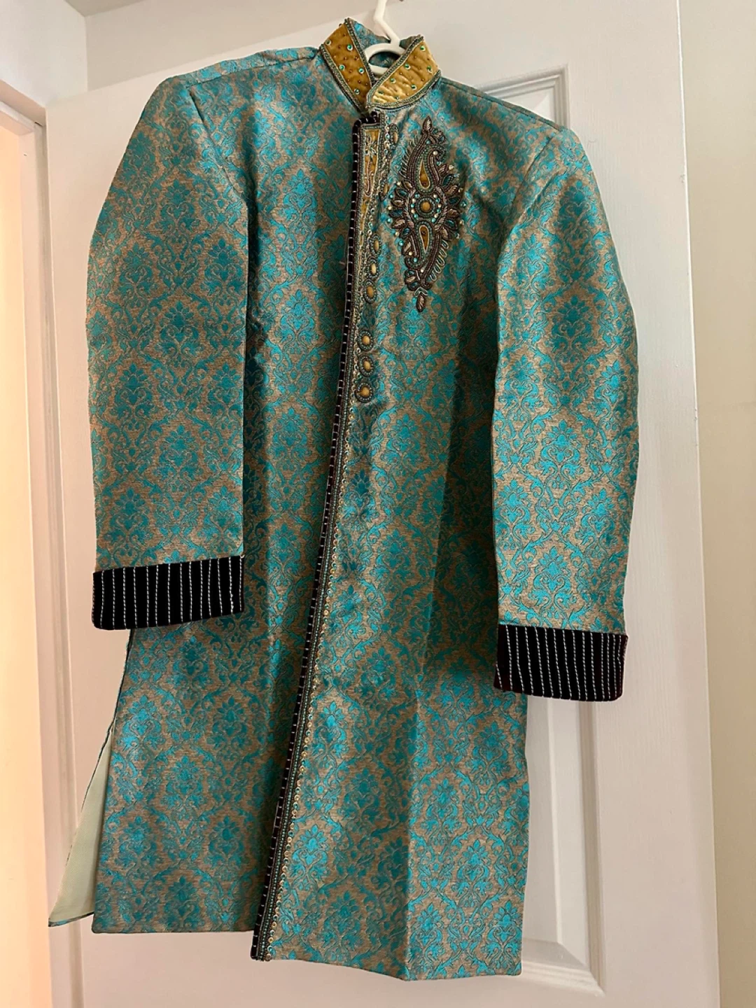 Turquoise and Gold Embroidered Sherwani - photo 5