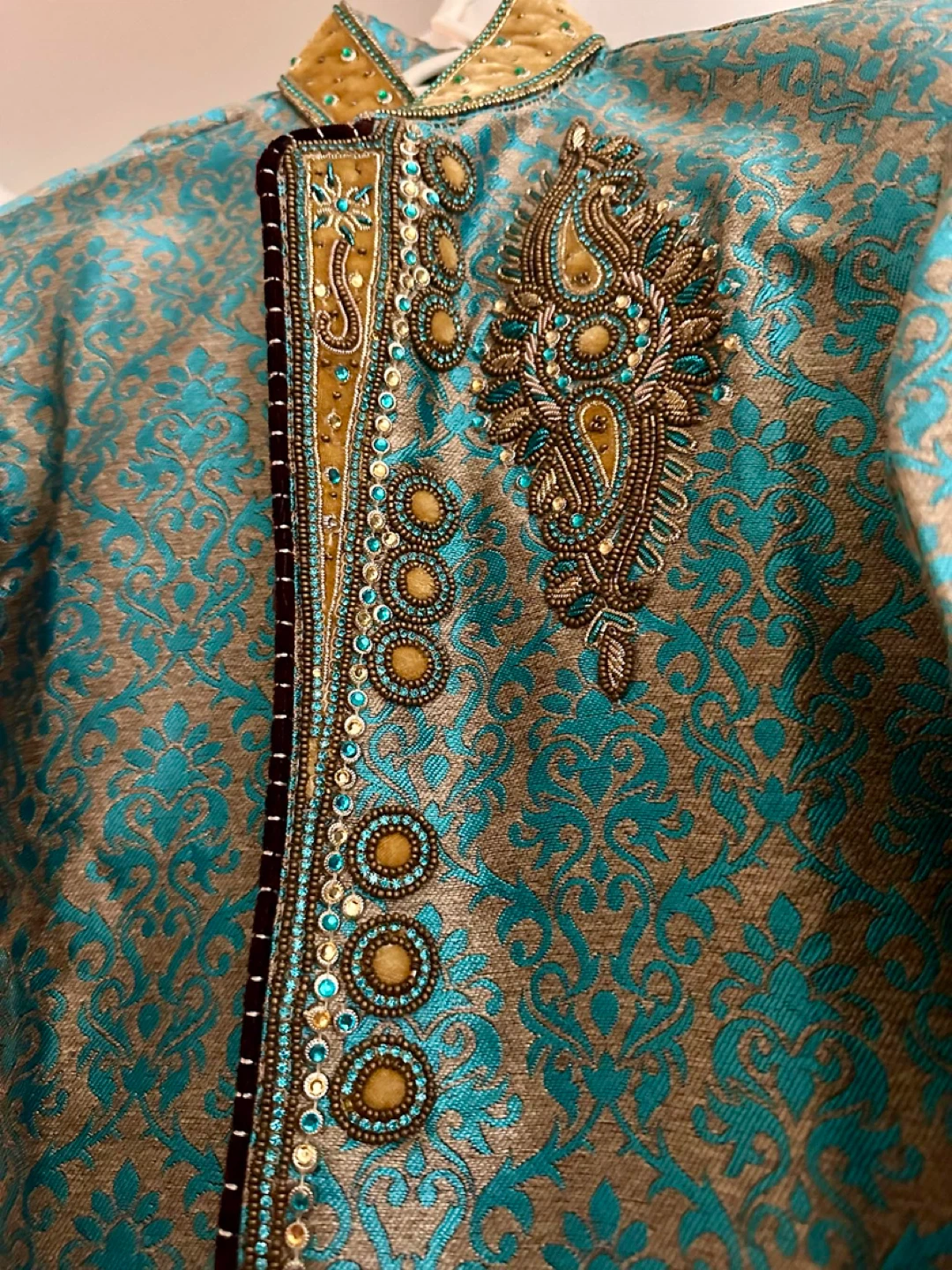 Turquoise and Gold Embroidered Sherwani - photo 2