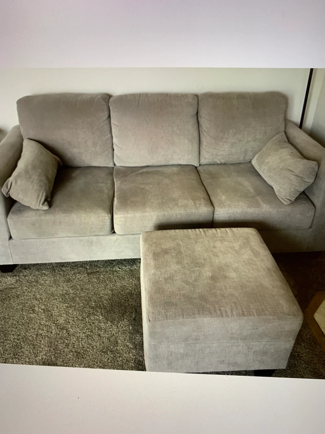 Comfortable Taupe Sofa with Ottoman