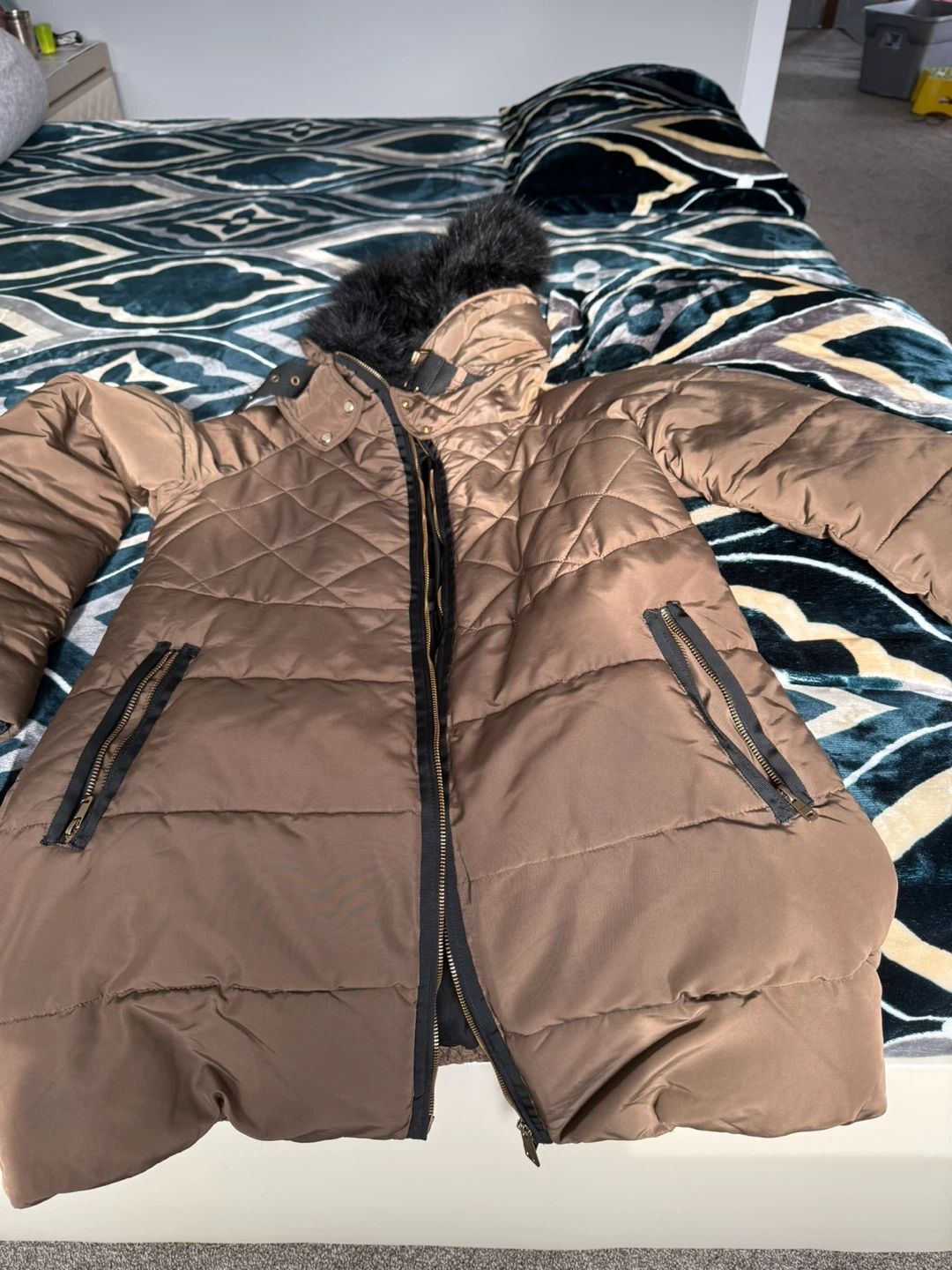 Zara Basic Brown Puffer Coat with Fur Hood - Size L