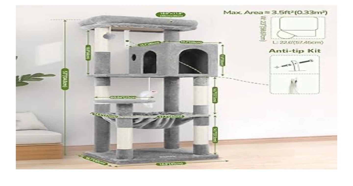 Grey Cat Tree Condo with Hammock and Scratching Posts