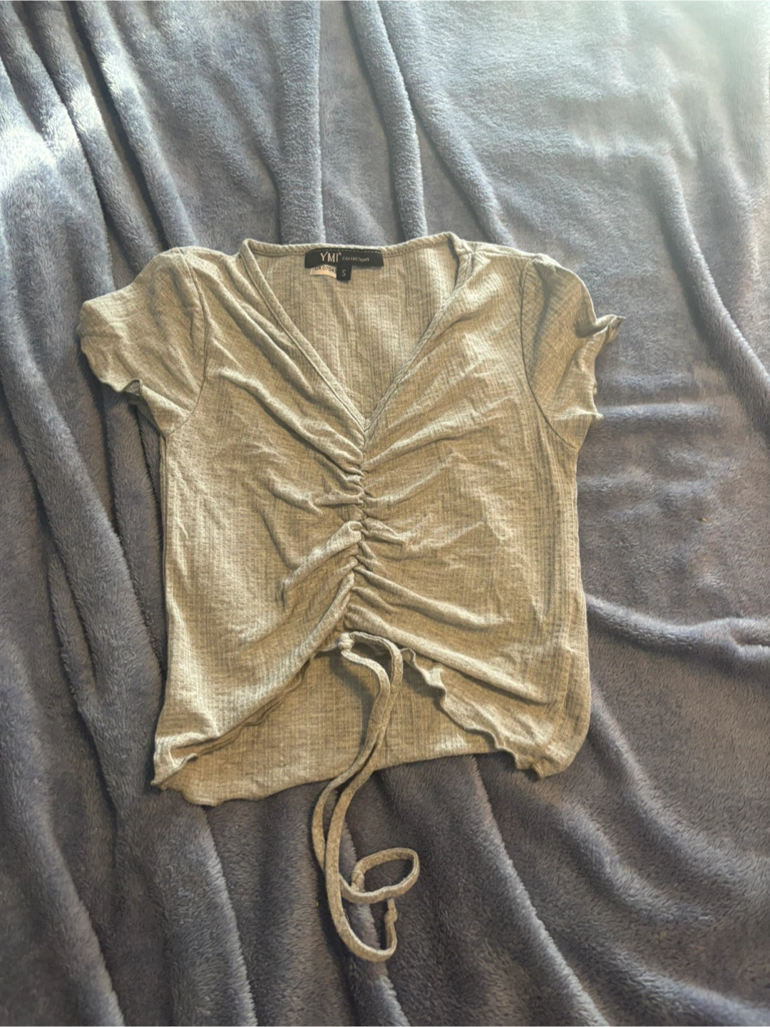YMI Collections Grey Ruched V-Neck crop Top