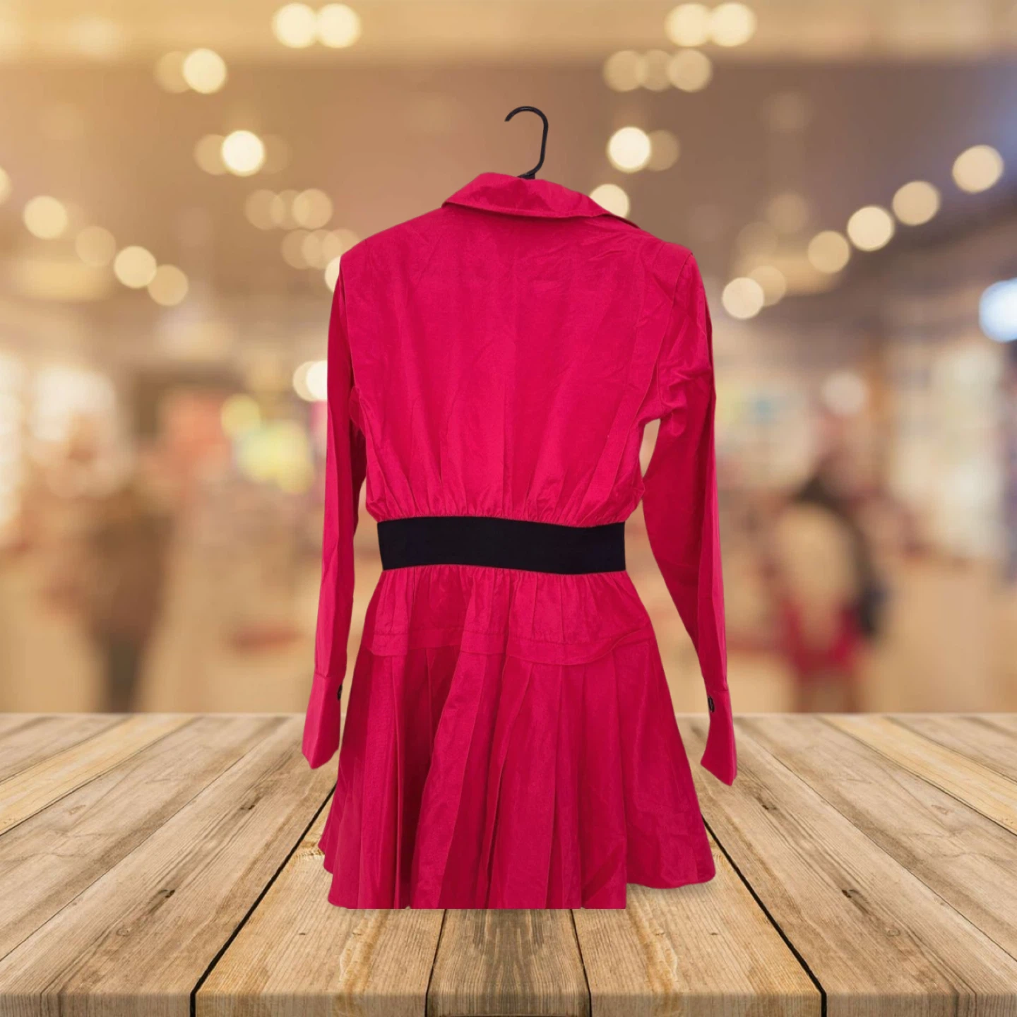 Pink Button-Up Pleated Dress with Black Waistband - photo 2