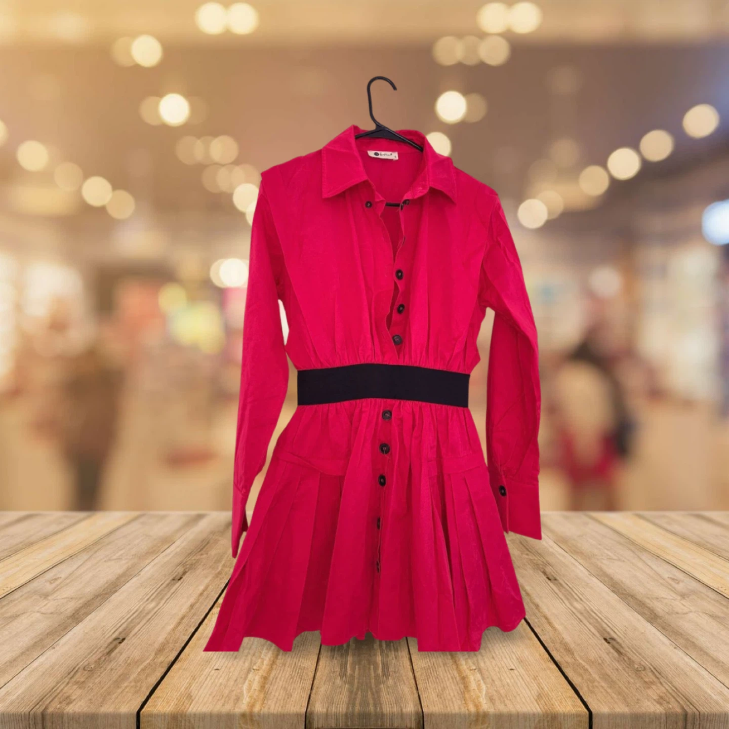 Pink Button-Up Pleated Dress with Black Waistband