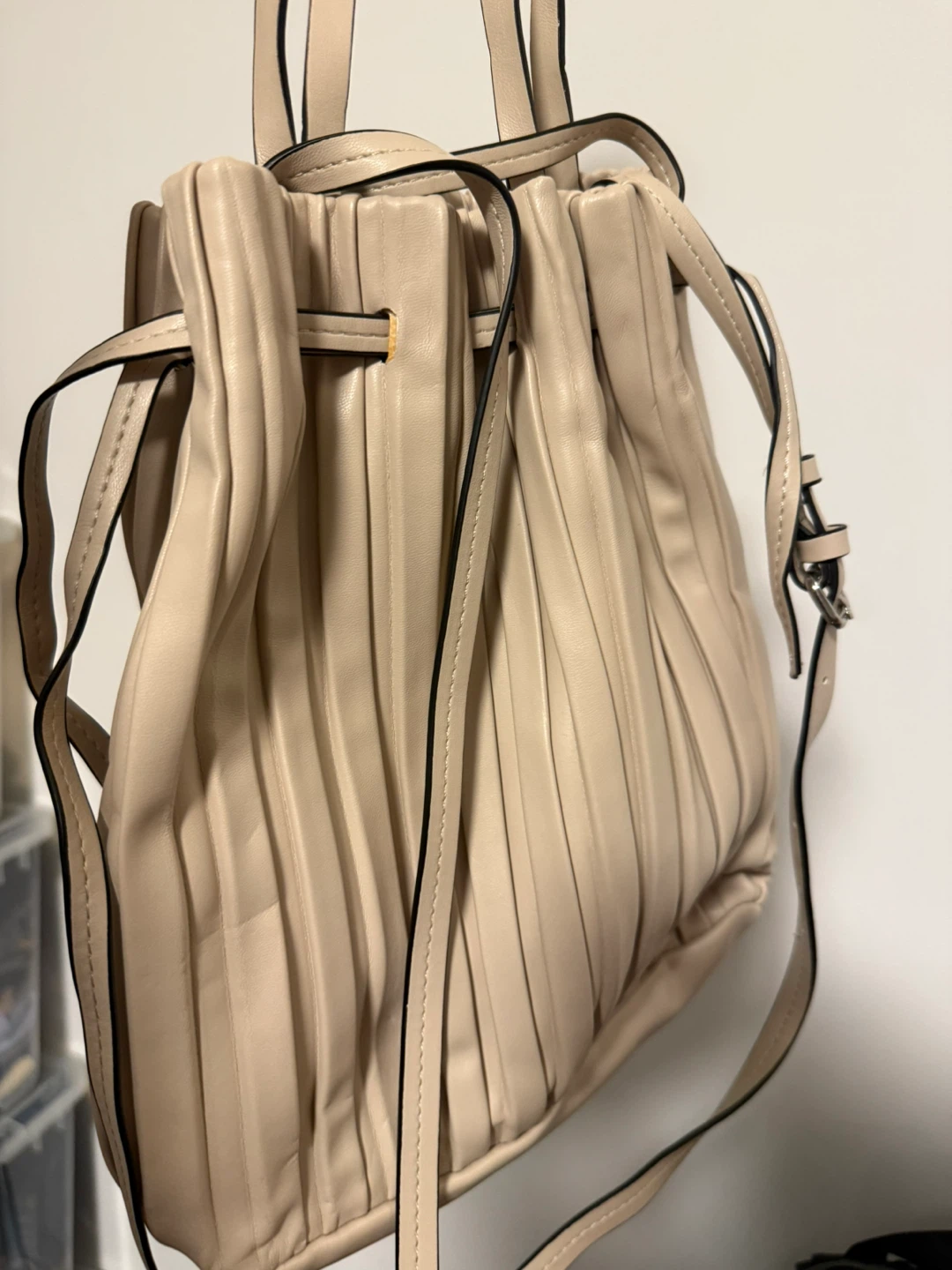 ZARA Beige Pleated Drawstring Handbag