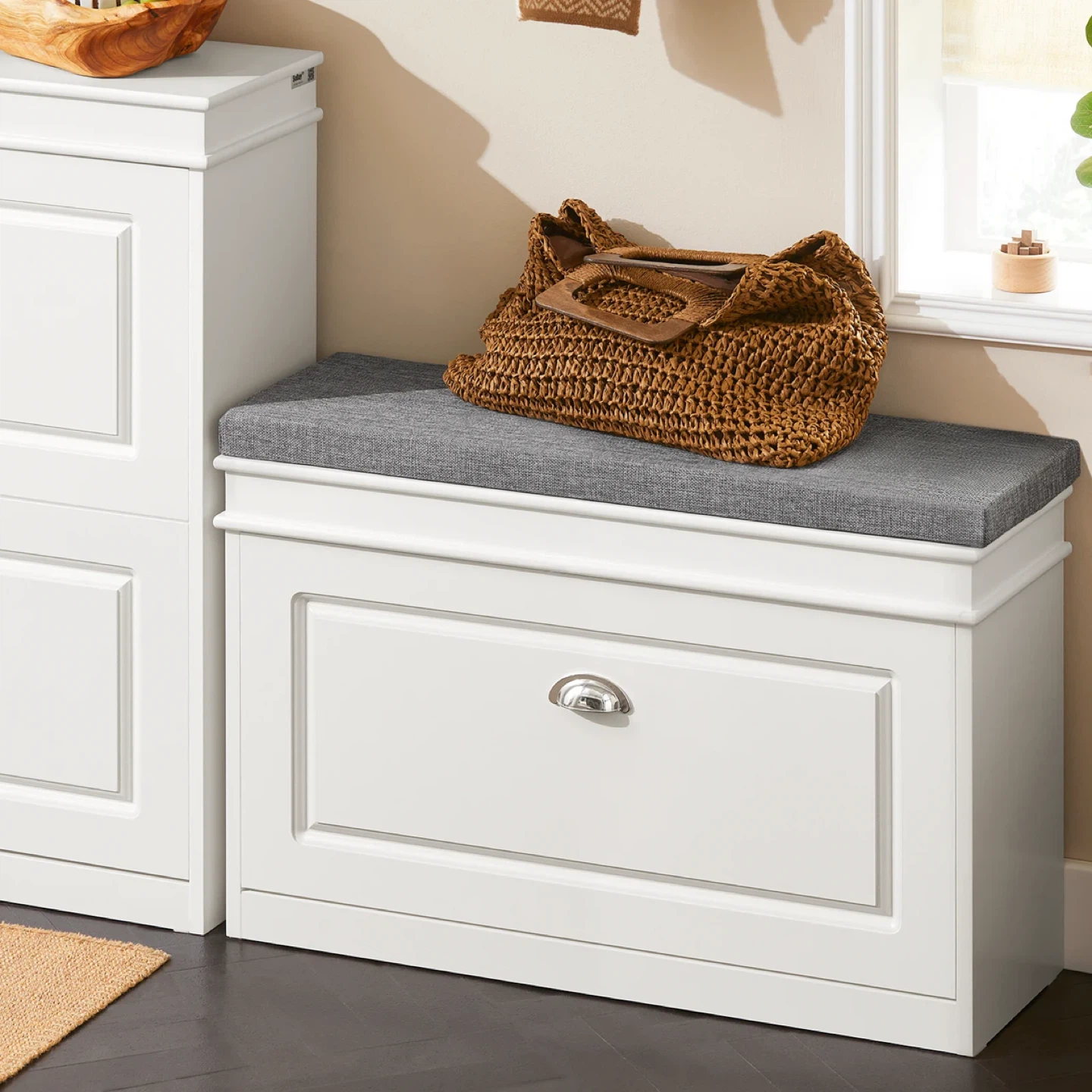 White Shoe Storage Bench with Grey Cushion