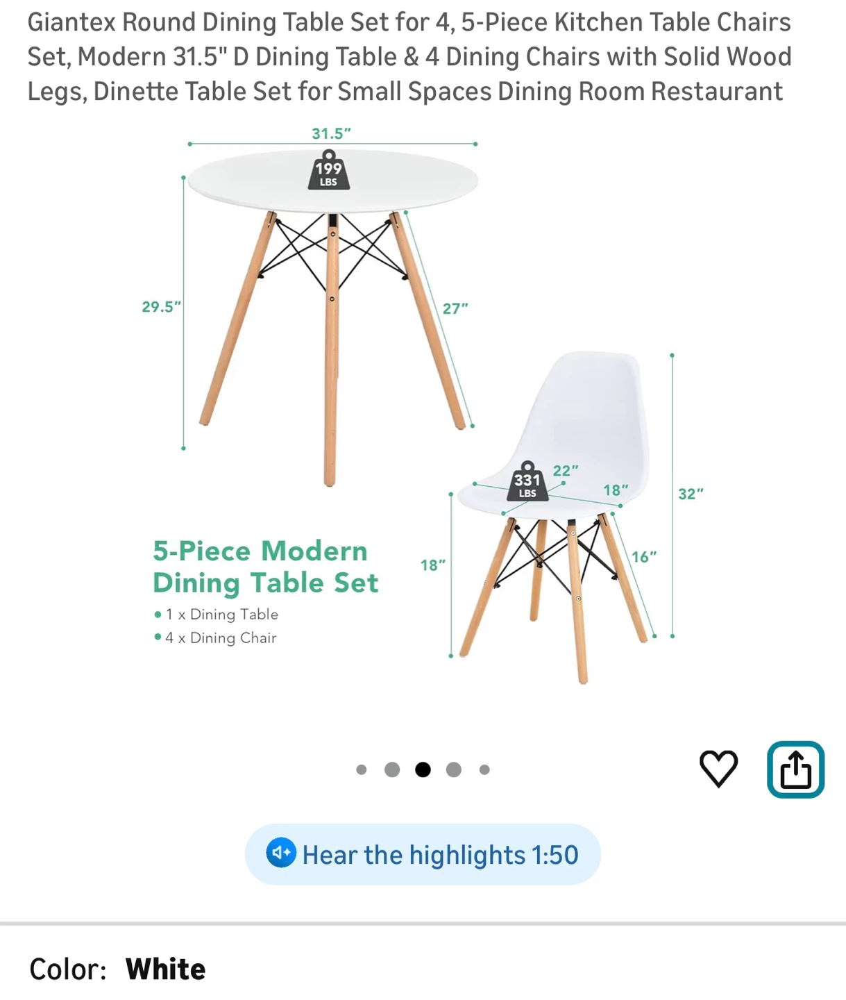 Giantex 5-Piece Modern Dining Table Set - White - photo 4