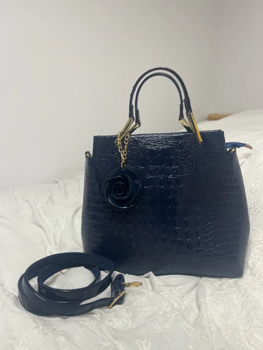Navy Blue Crocodile Embossed Handbag with Rose Charm - photo 2