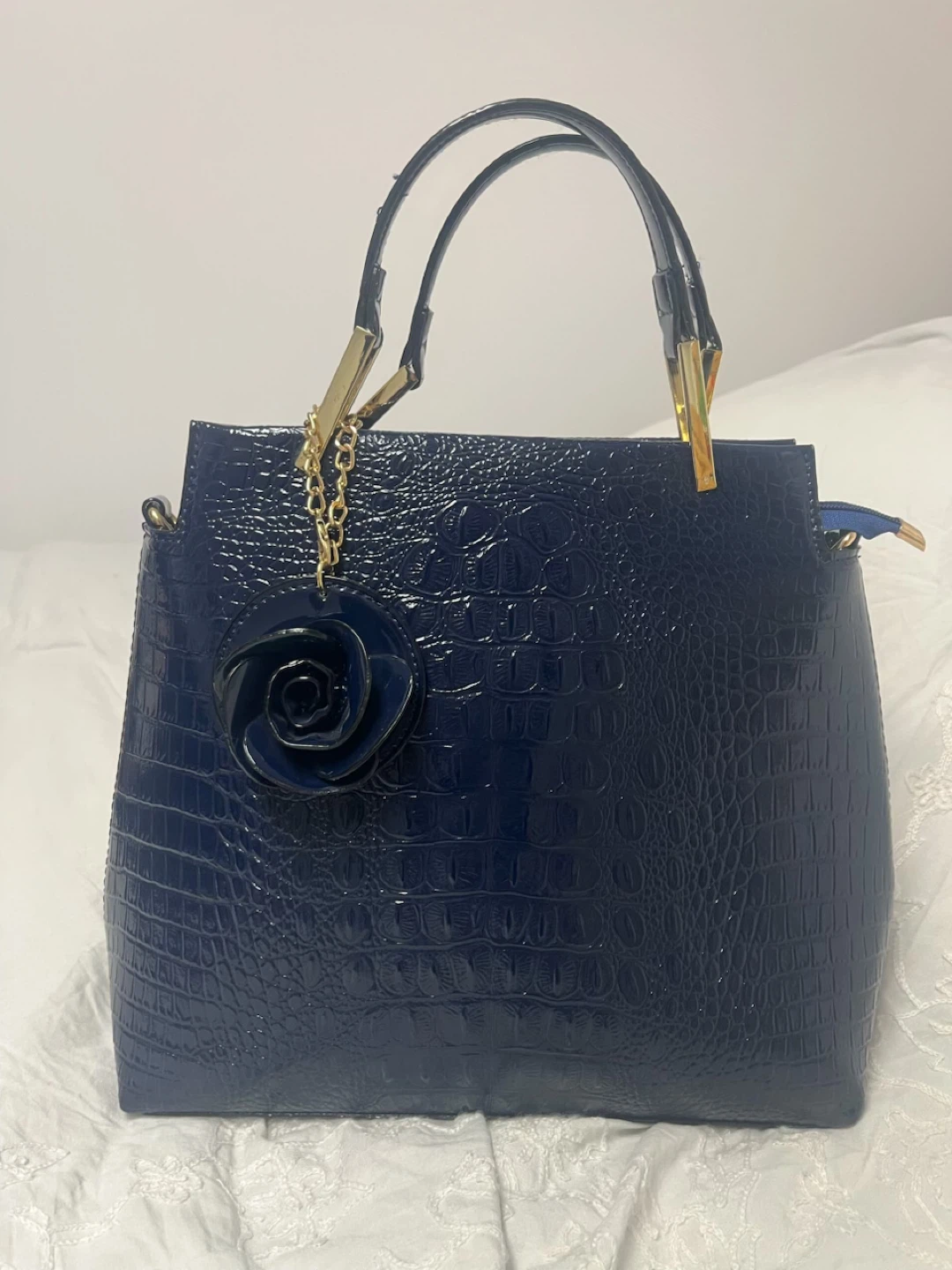 Navy Blue Crocodile Embossed Handbag with Rose Charm