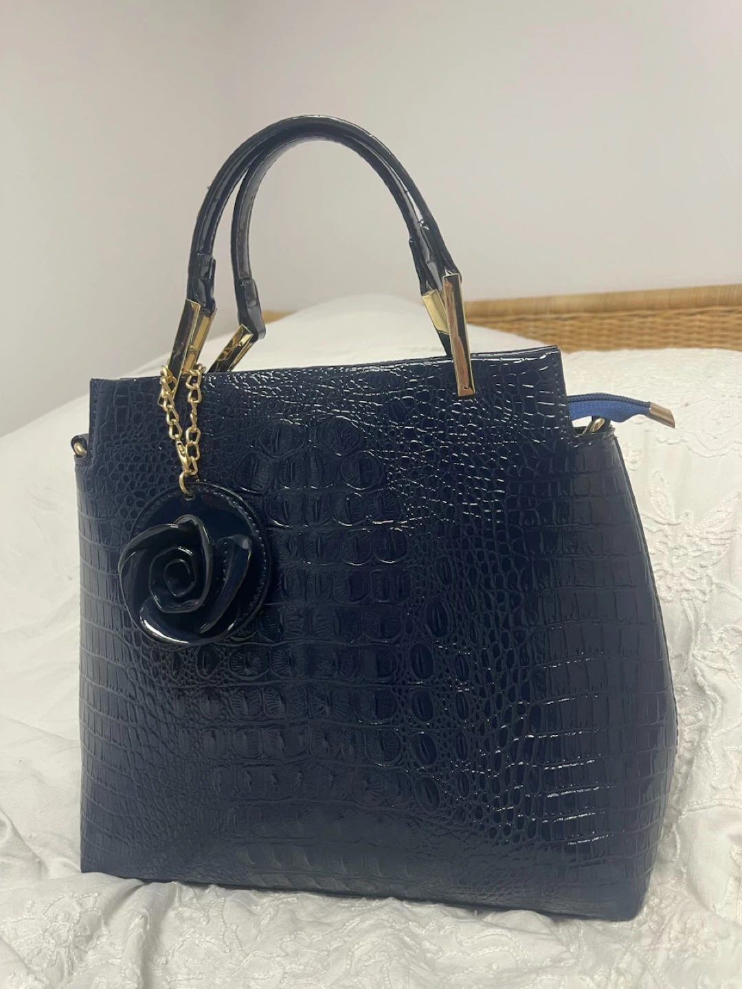 Navy Blue Crocodile Embossed Handbag with Rose Charm - photo 3