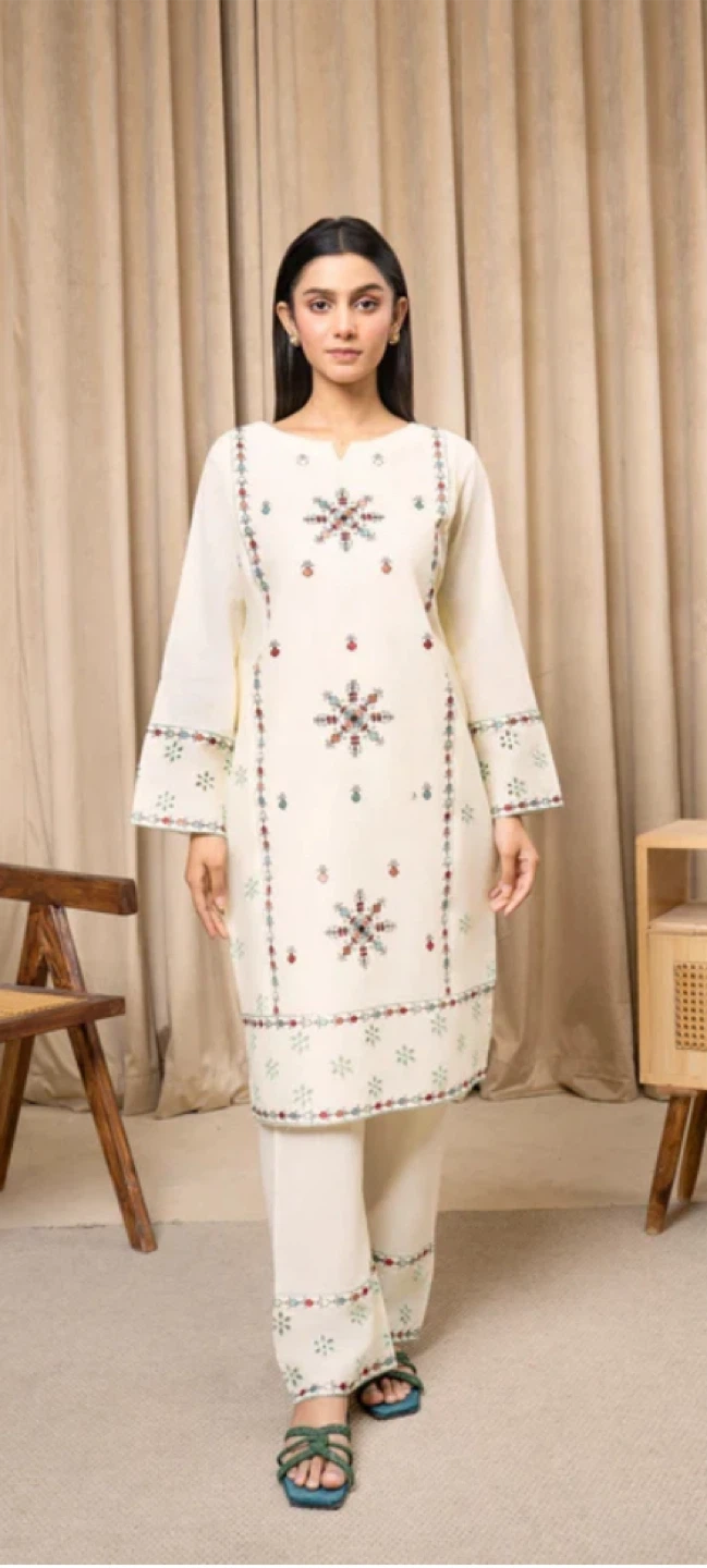 Brand new Cream Embroidered Kurti with Pants