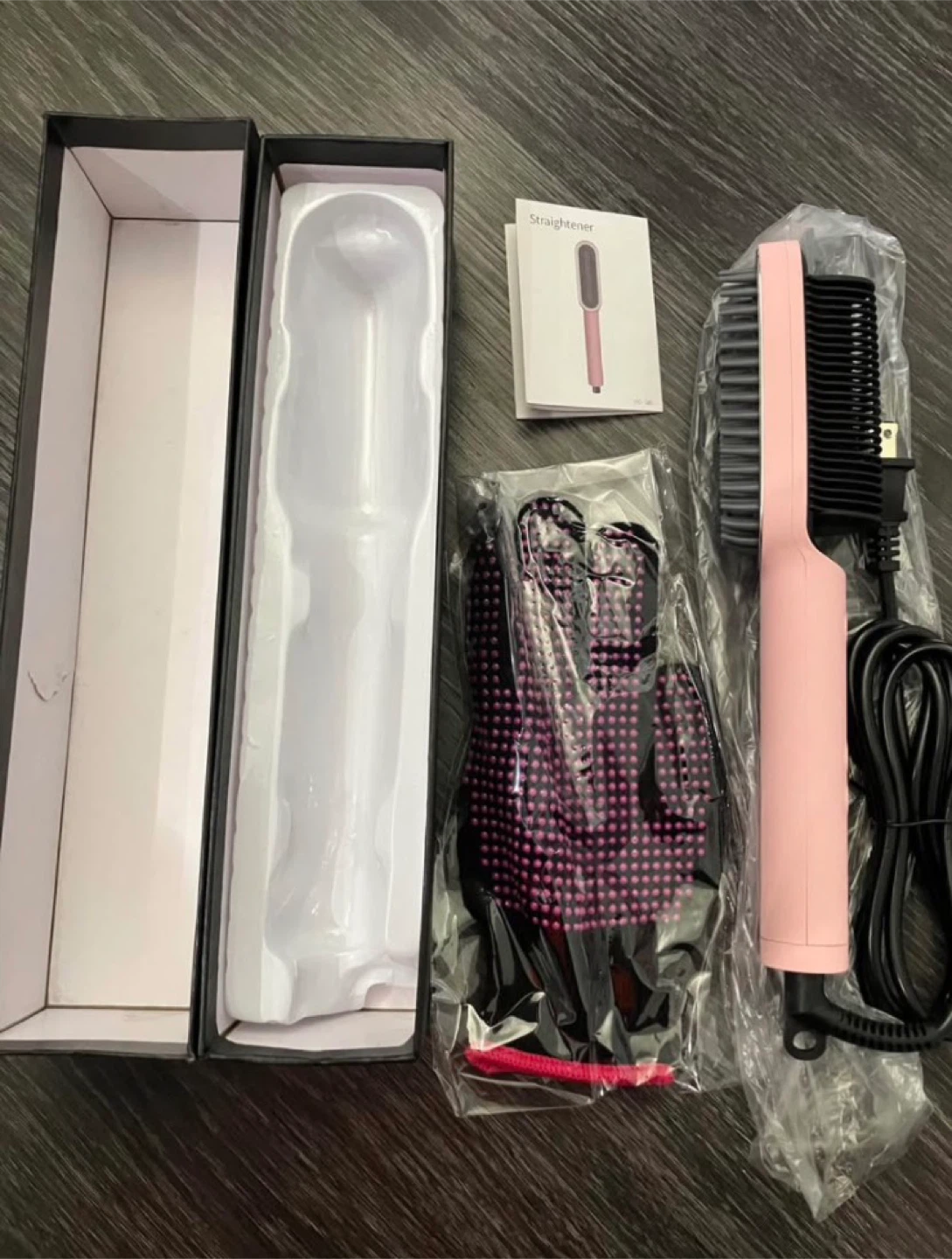 Pink Ceramic Hair Straightener Brush with Glove