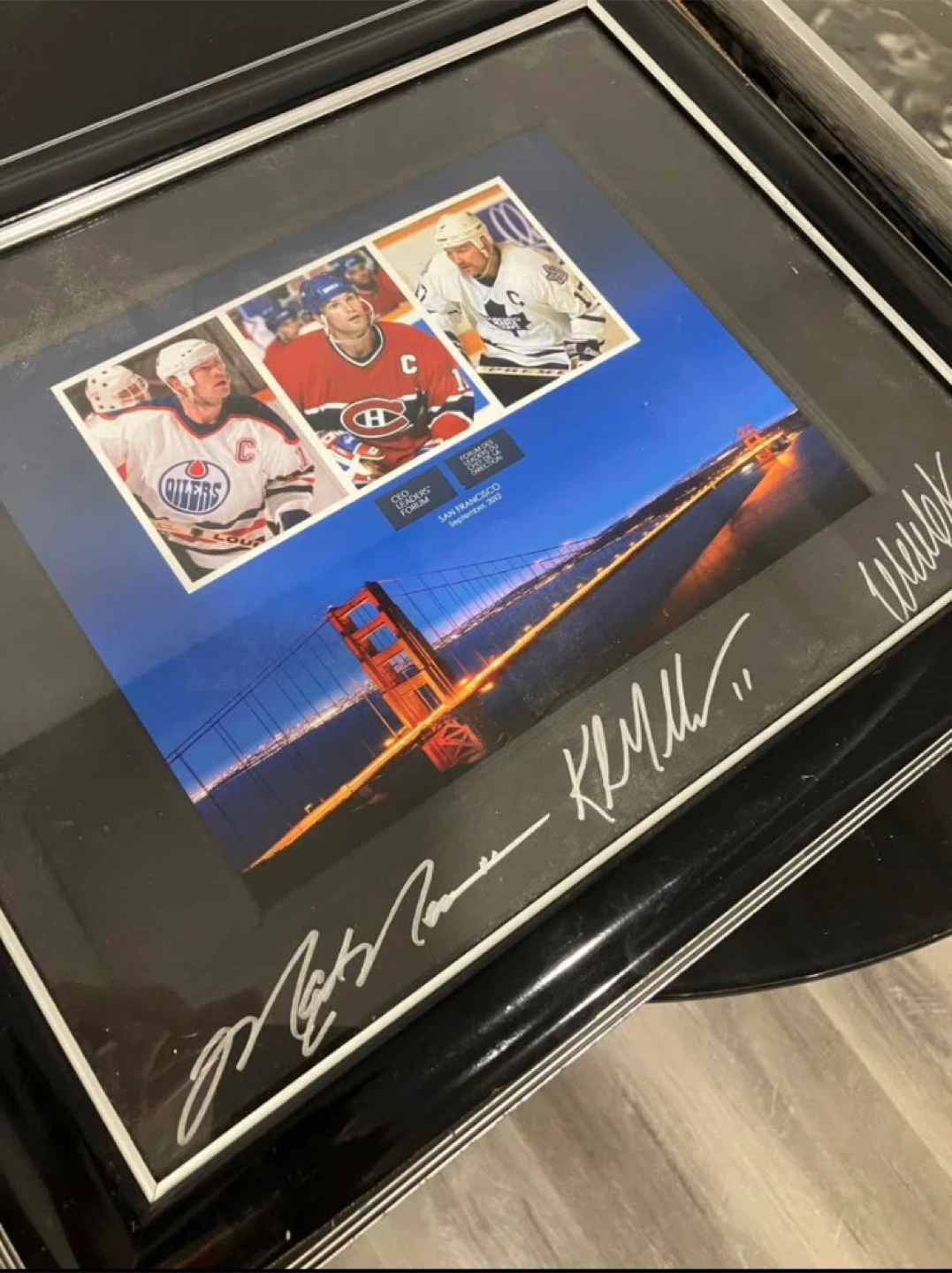 Framed Hockey Photo with Signatures and Golden Gate Bridge