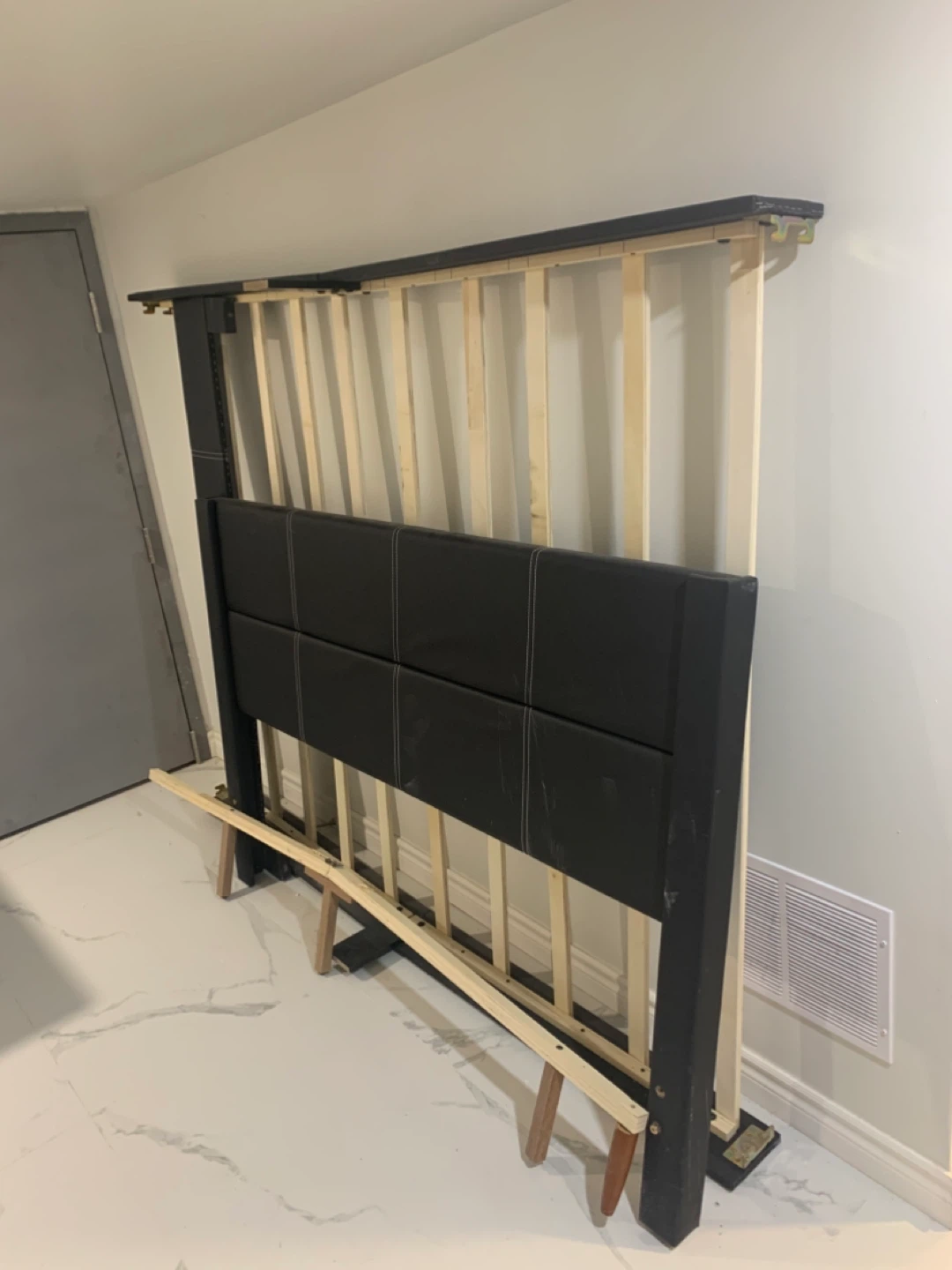 Black Faux Leather Headboard Bed Frame with Slat Support