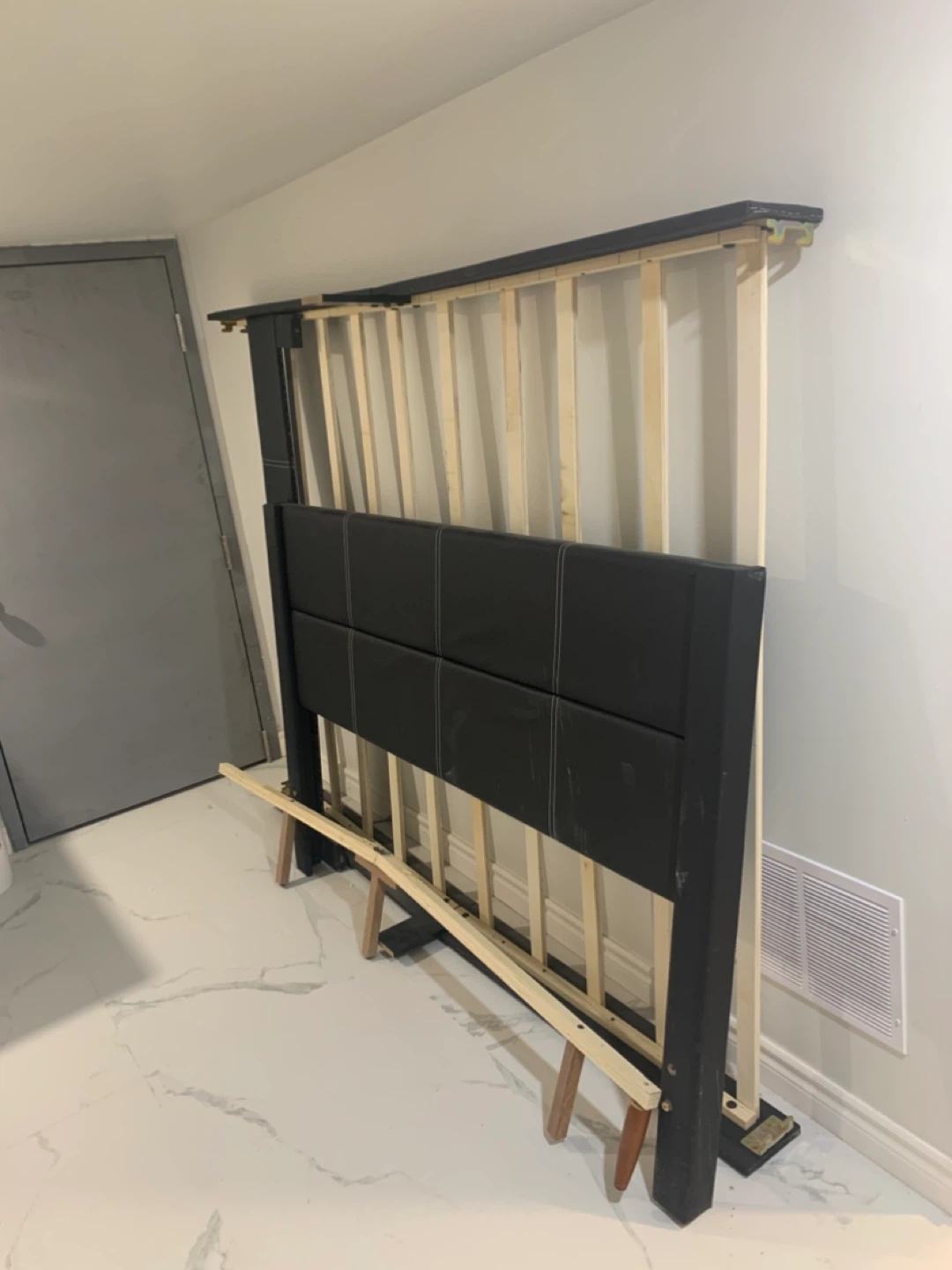 Black Faux Leather Headboard Bed Frame with Slat Support - photo 2