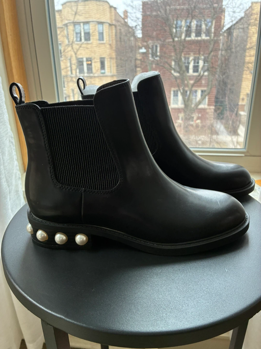 Black Chelsea Boots with Pearl Embellishments-Size 7-7.5