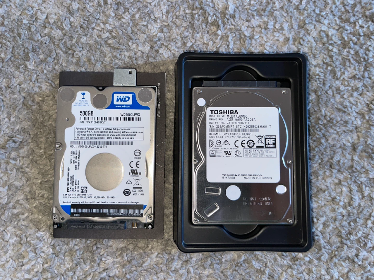 2x 500GB Laptop Hard Drives: WD & Toshiba