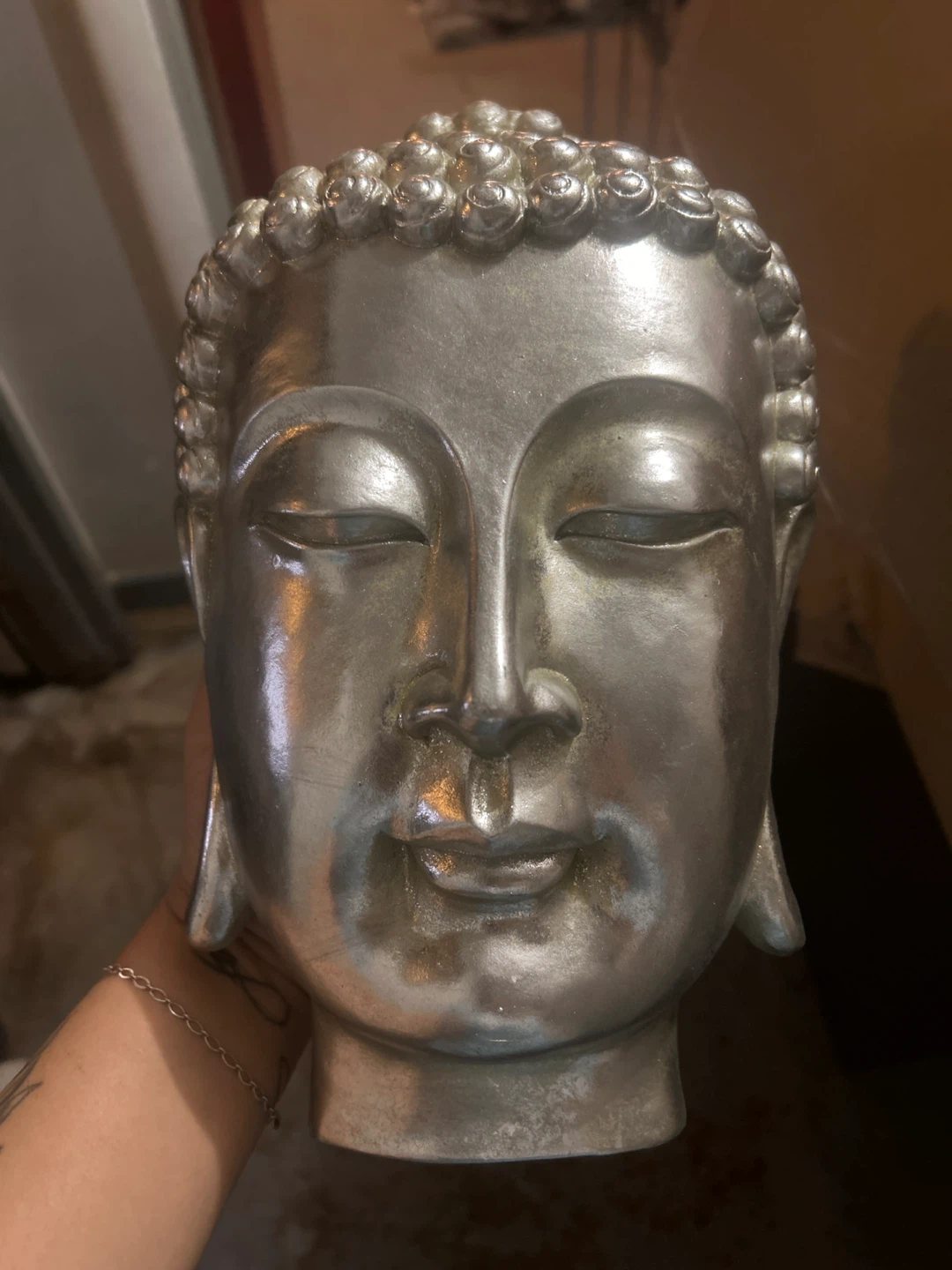 Silver Buddha Head Bust Sculpture