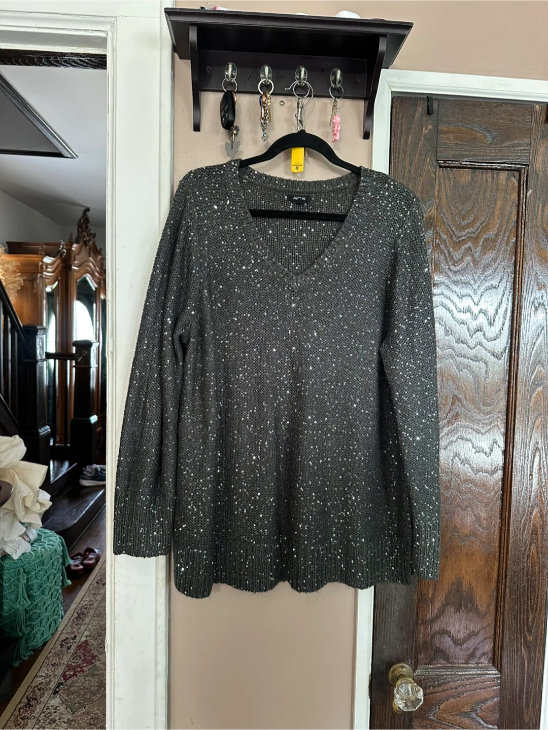 Apt. 9 Women's Charcoal Sequin V-Neck Sweater 2X